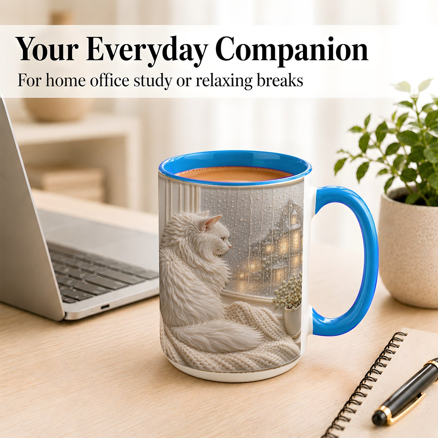 #pl[15oz|Blue] White Cat Rainy Window Coffee Mug, Cozy Cat Mug, Ceramic Cup