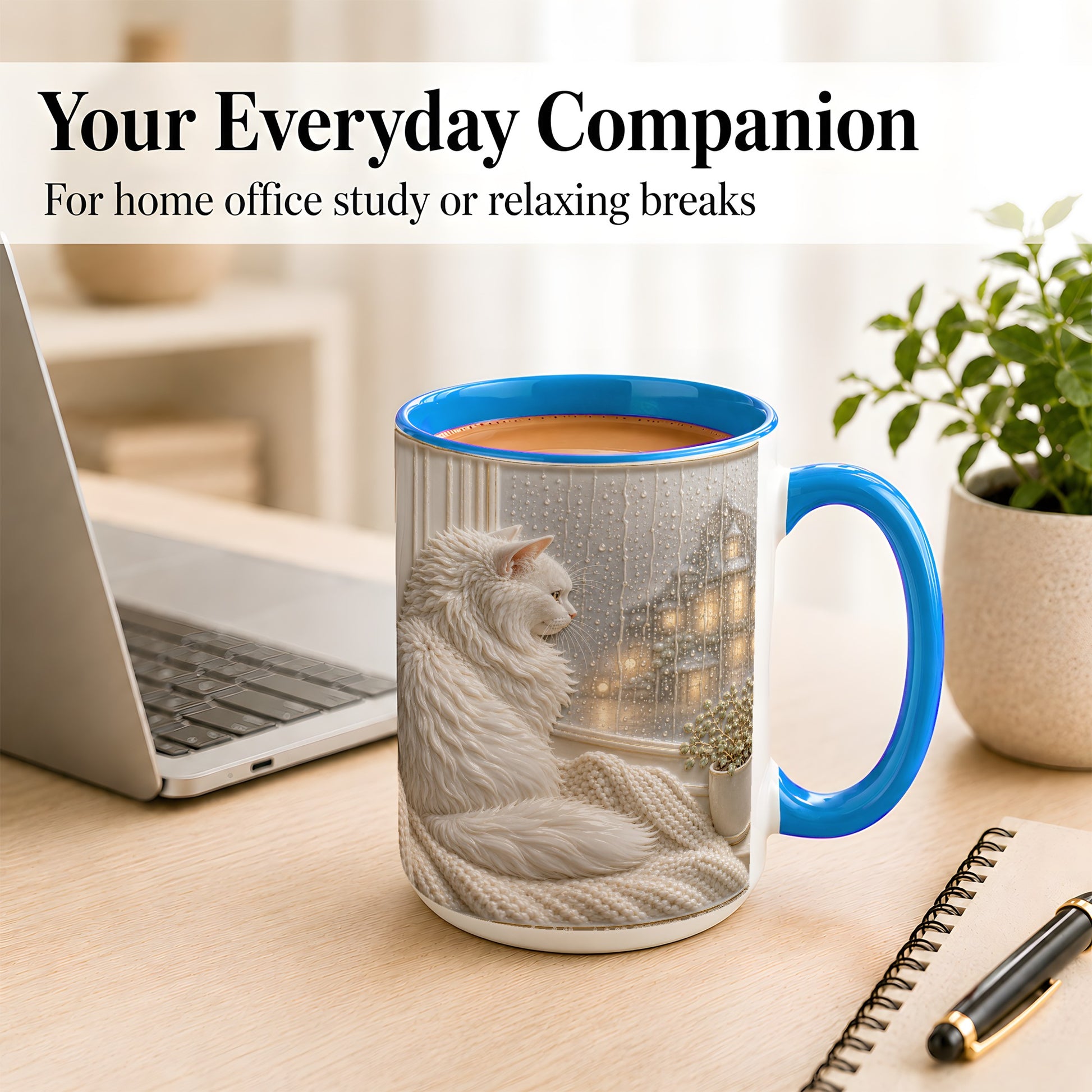 #pl[15oz|Blue] White Cat Rainy Window Coffee Mug, Cozy Cat Mug, Ceramic Cup