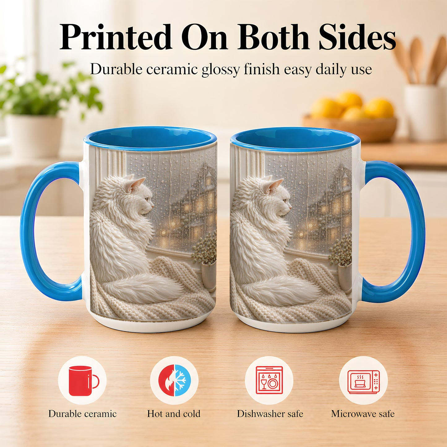 #pl[15oz|Blue] White Cat Rainy Window Coffee Mug, Cozy Cat Mug, Ceramic Cup