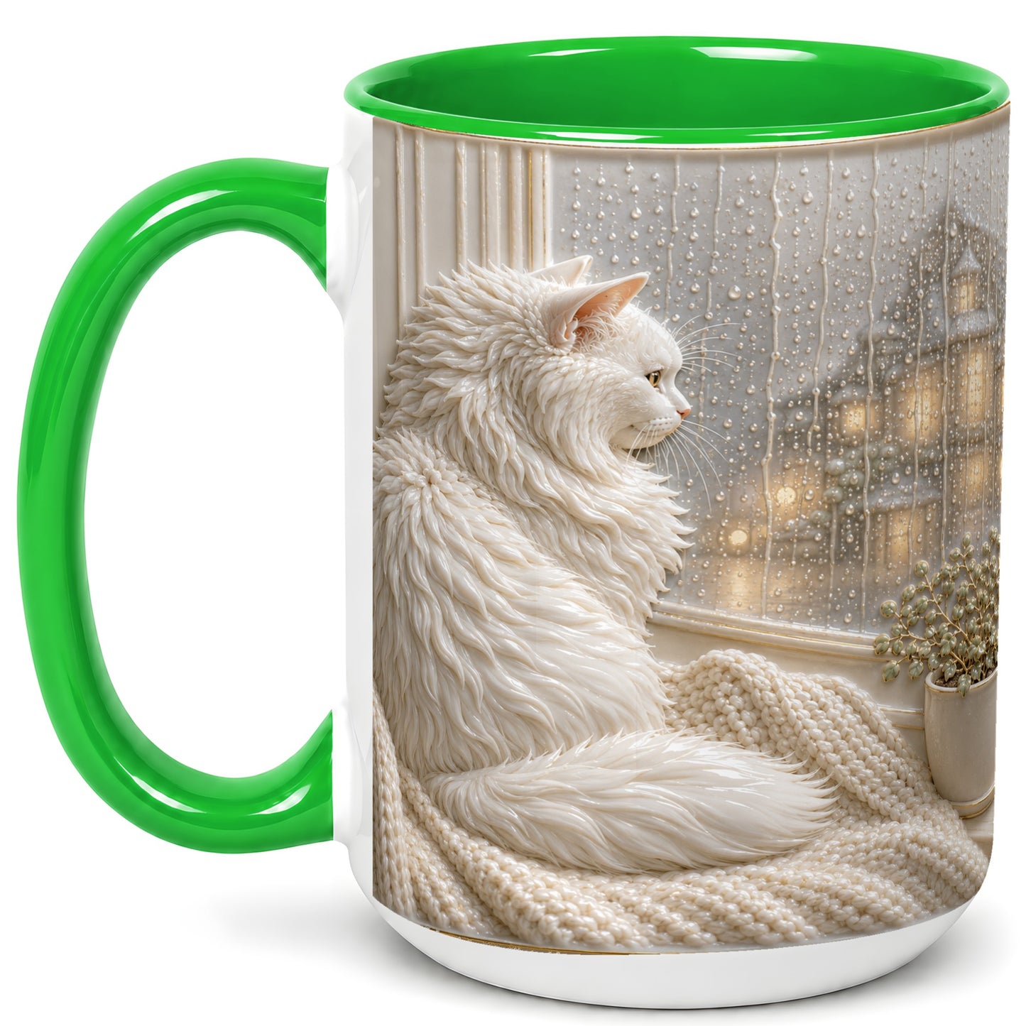 #pl[15oz|Green] White Cat Rainy Window Coffee Mug, Cozy Cat Mug, Ceramic Cup