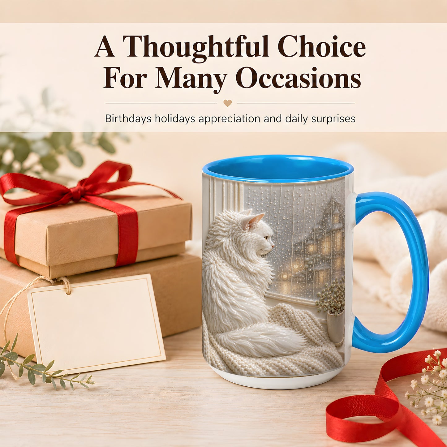 #pl[15oz|Blue] White Cat Rainy Window Coffee Mug, Cozy Cat Mug, Ceramic Cup