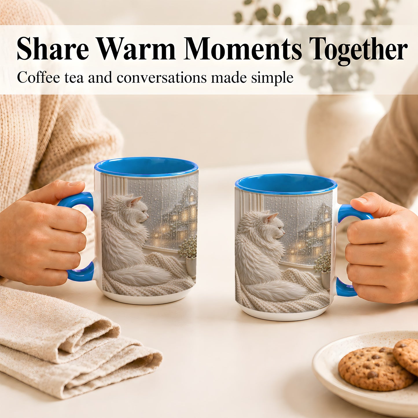 #pl[15oz|Blue] White Cat Rainy Window Coffee Mug, Cozy Cat Mug, Ceramic Cup