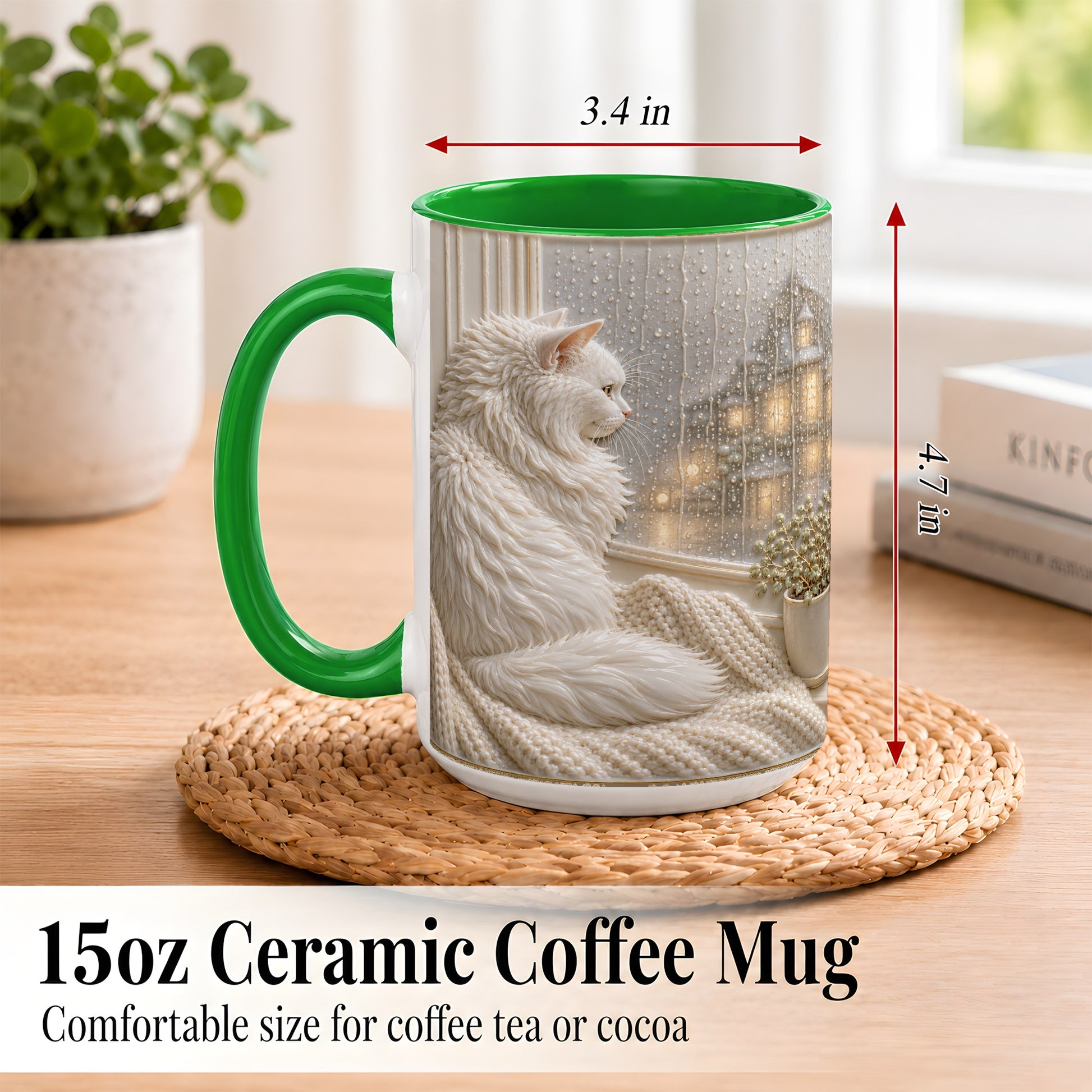 #pl[15oz|Green] White Cat Rainy Window Coffee Mug, Cozy Cat Mug, Ceramic Cup