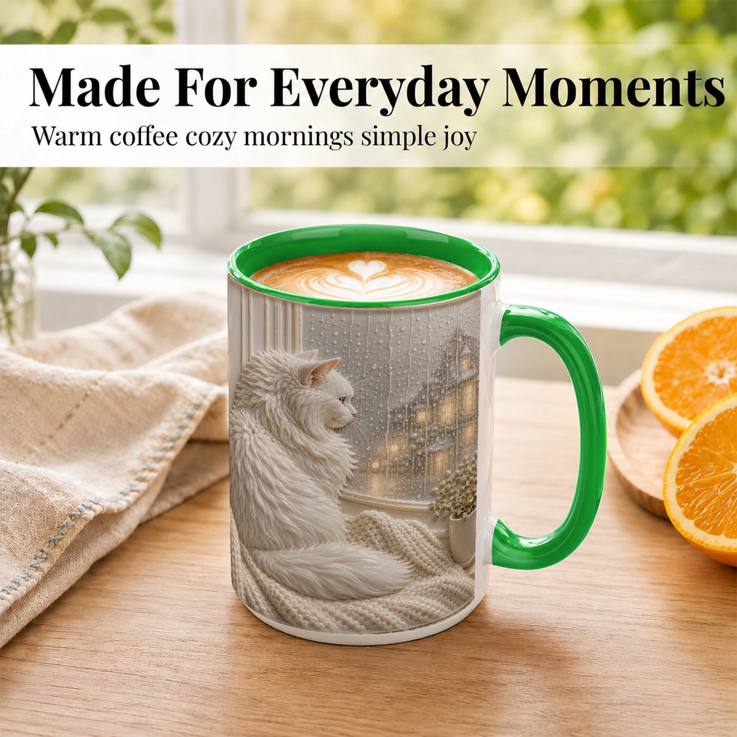 #pl[15oz|Green] White Cat Rainy Window Coffee Mug, Cozy Cat Mug, Ceramic Cup