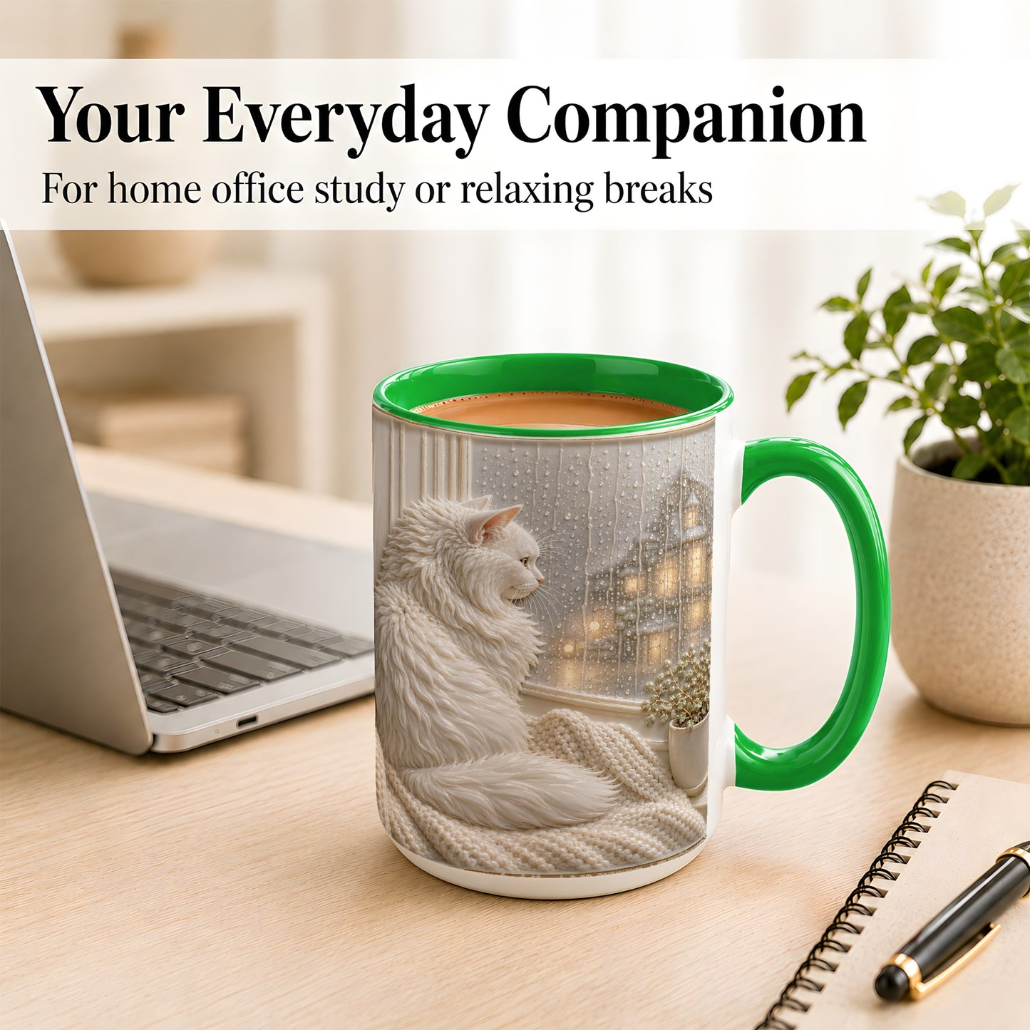 #pl[15oz|Green] White Cat Rainy Window Coffee Mug, Cozy Cat Mug, Ceramic Cup