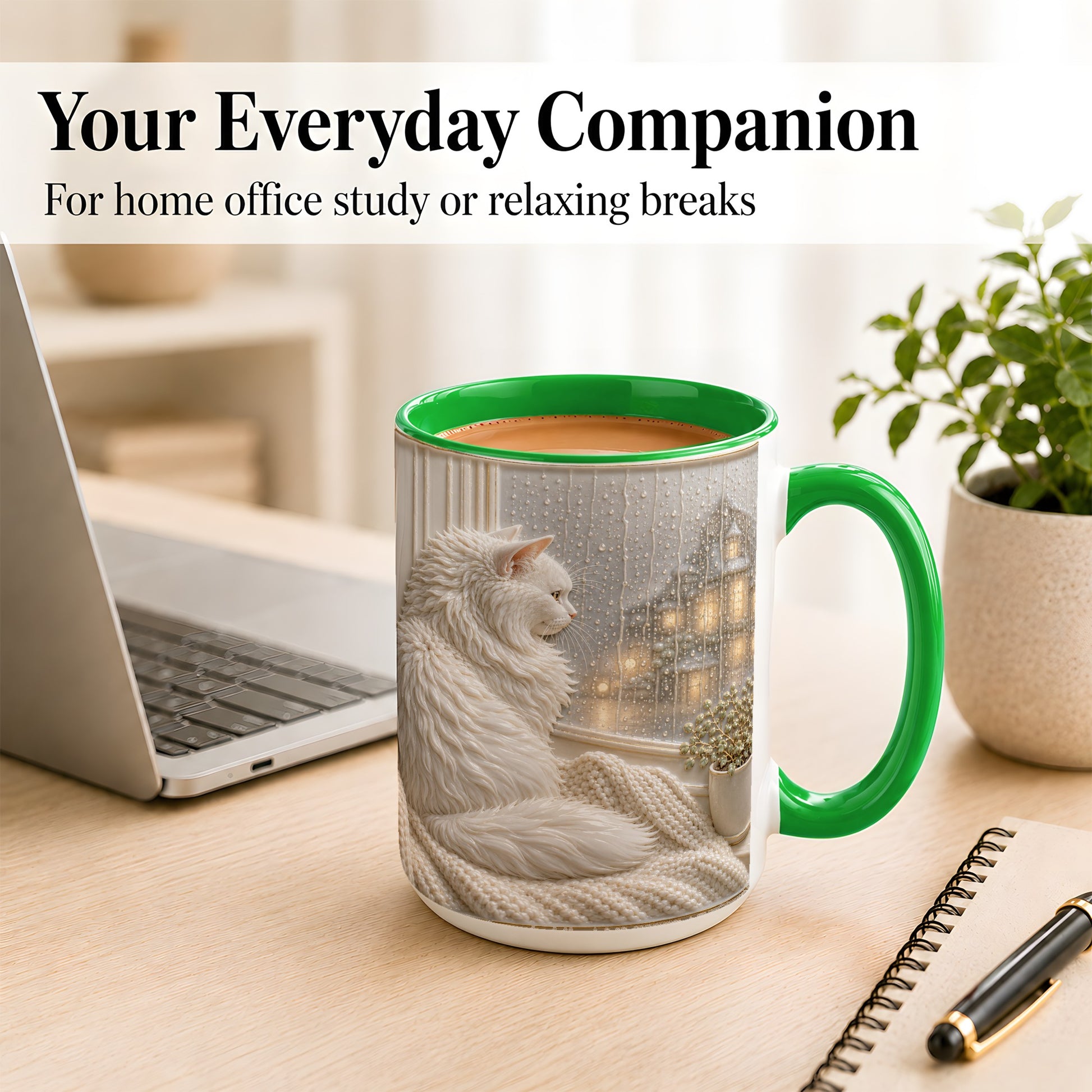 #pl[15oz|Green] White Cat Rainy Window Coffee Mug, Cozy Cat Mug, Ceramic Cup