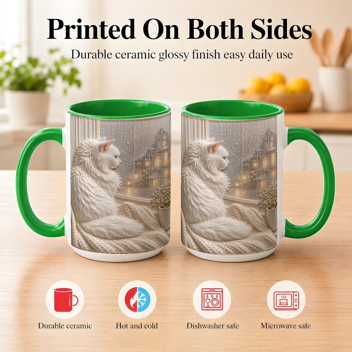 #pl[15oz|Green] White Cat Rainy Window Coffee Mug, Cozy Cat Mug, Ceramic Cup
