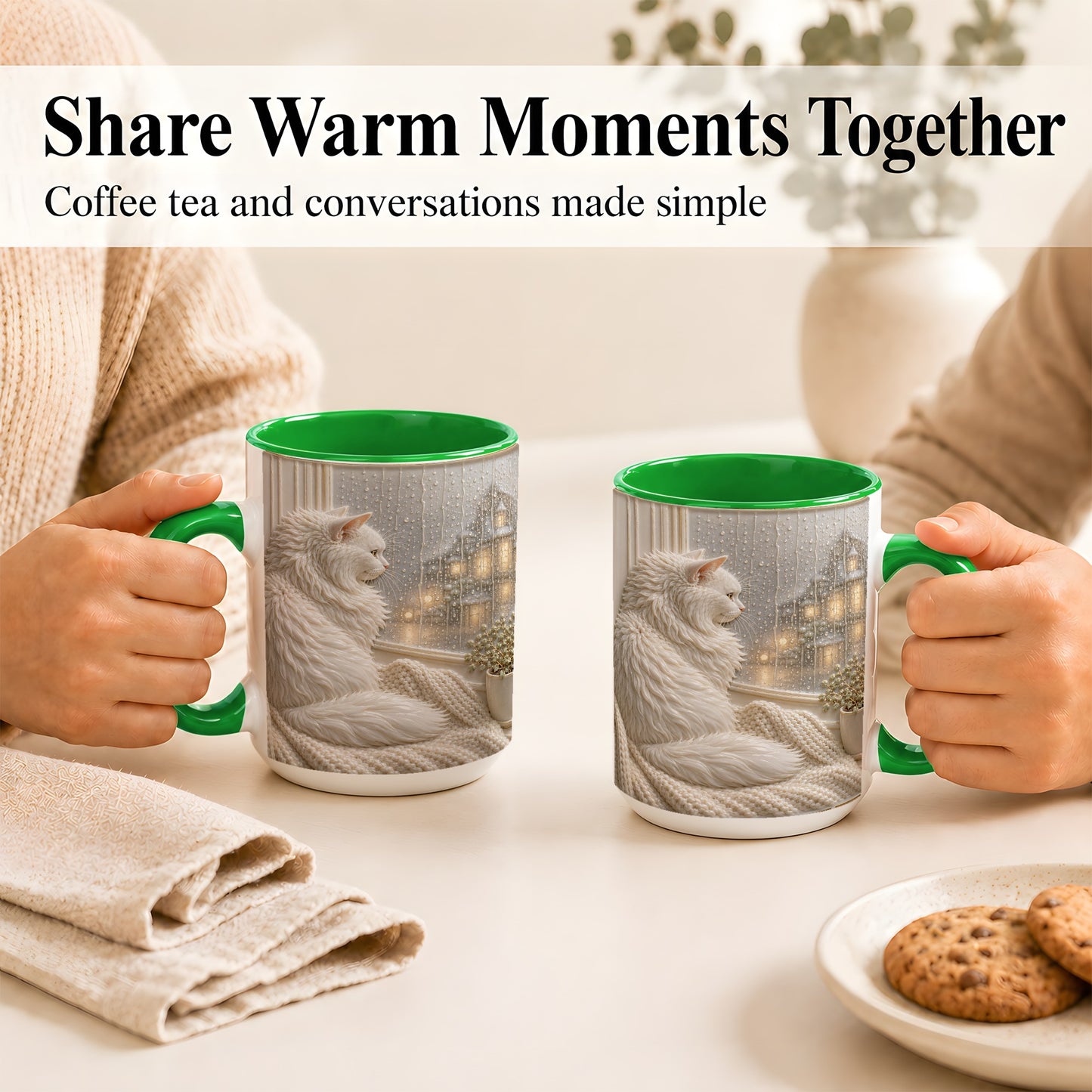 #pl[15oz|Green] White Cat Rainy Window Coffee Mug, Cozy Cat Mug, Ceramic Cup