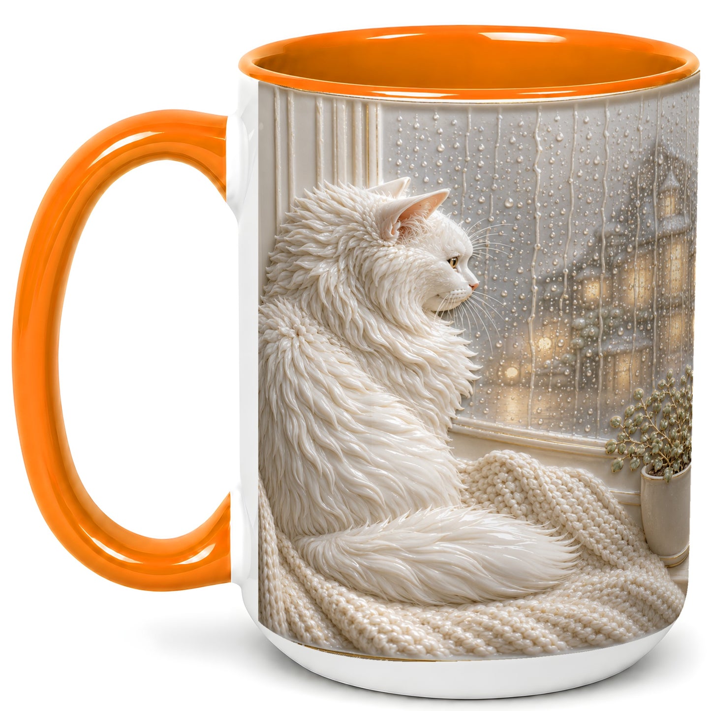 #pl[15oz|Orange] White Cat Rainy Window Coffee Mug, Cozy Cat Mug, Ceramic Cup