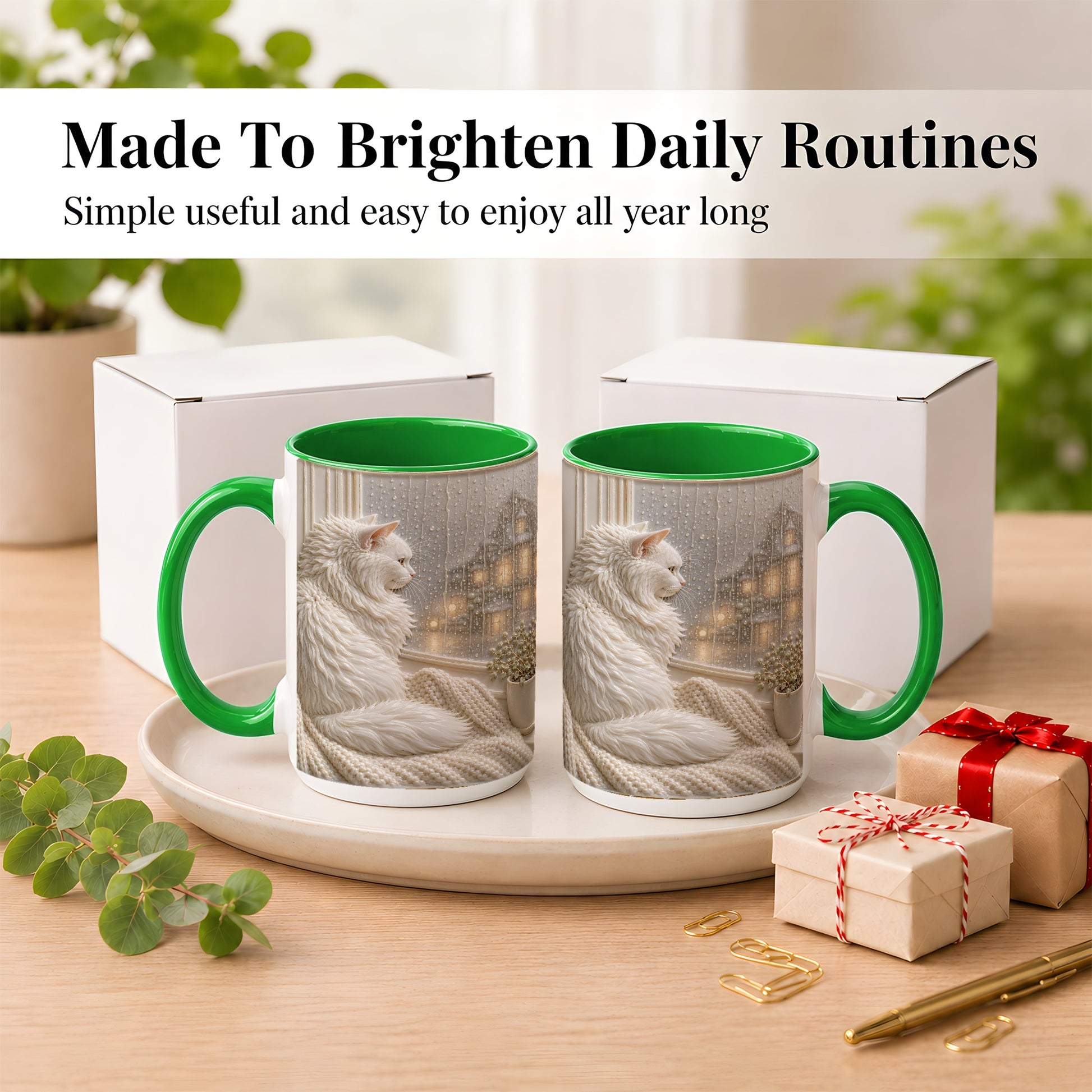 #pl[15oz|Green] White Cat Rainy Window Coffee Mug, Cozy Cat Mug, Ceramic Cup