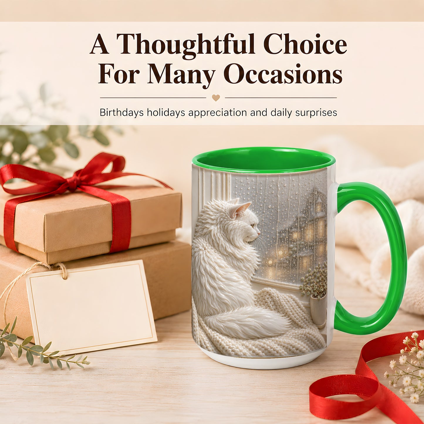 #pl[15oz|Green] White Cat Rainy Window Coffee Mug, Cozy Cat Mug, Ceramic Cup