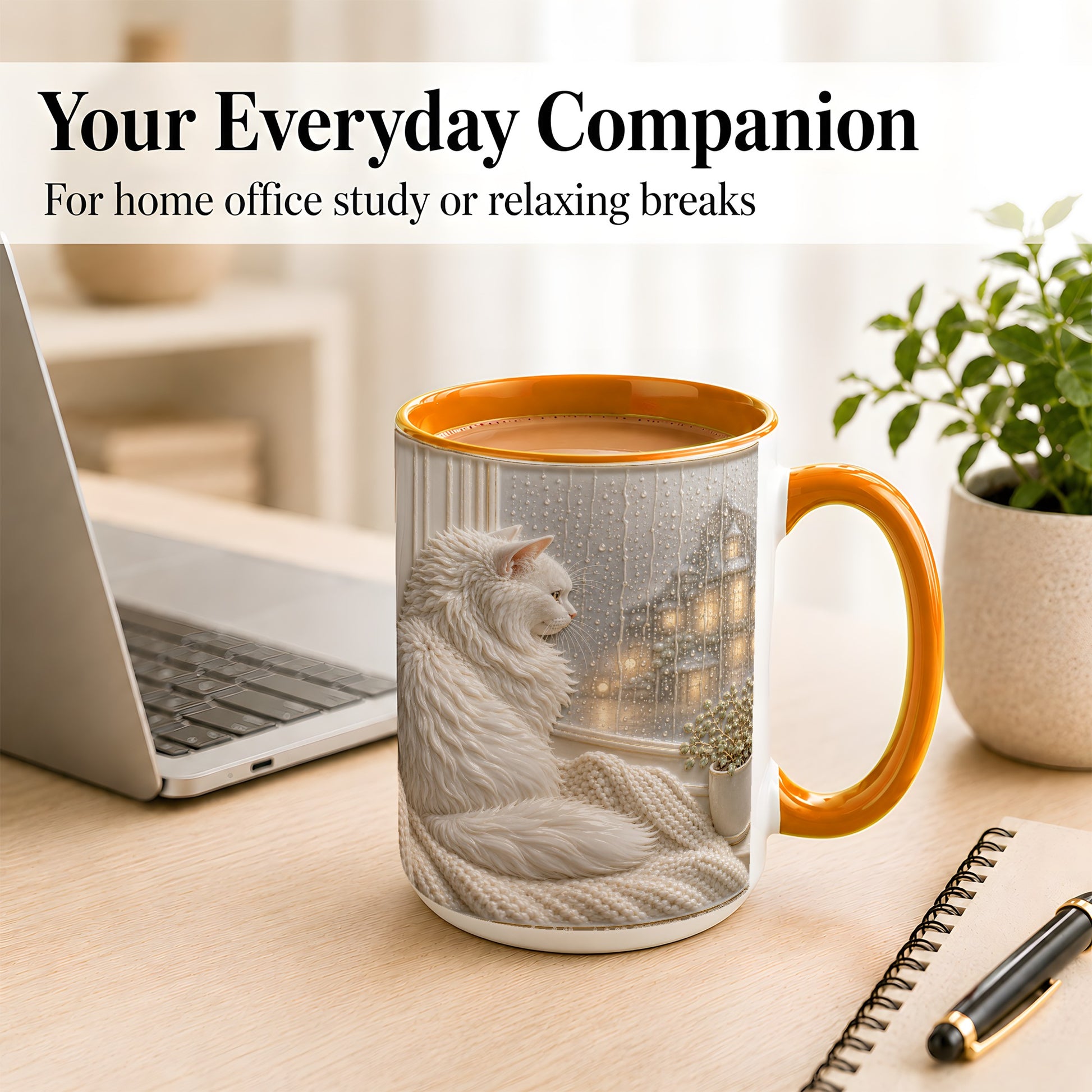 #pl[15oz|Orange] White Cat Rainy Window Coffee Mug, Cozy Cat Mug, Ceramic Cup