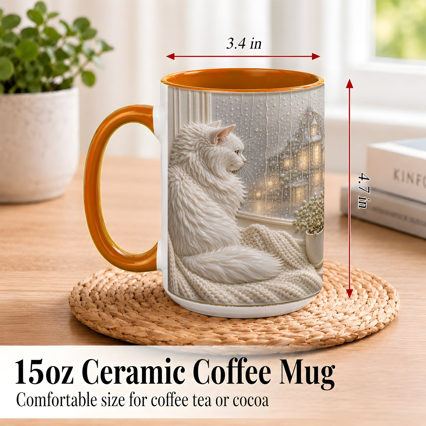 #pl[15oz|Orange] White Cat Rainy Window Coffee Mug, Cozy Cat Mug, Ceramic Cup