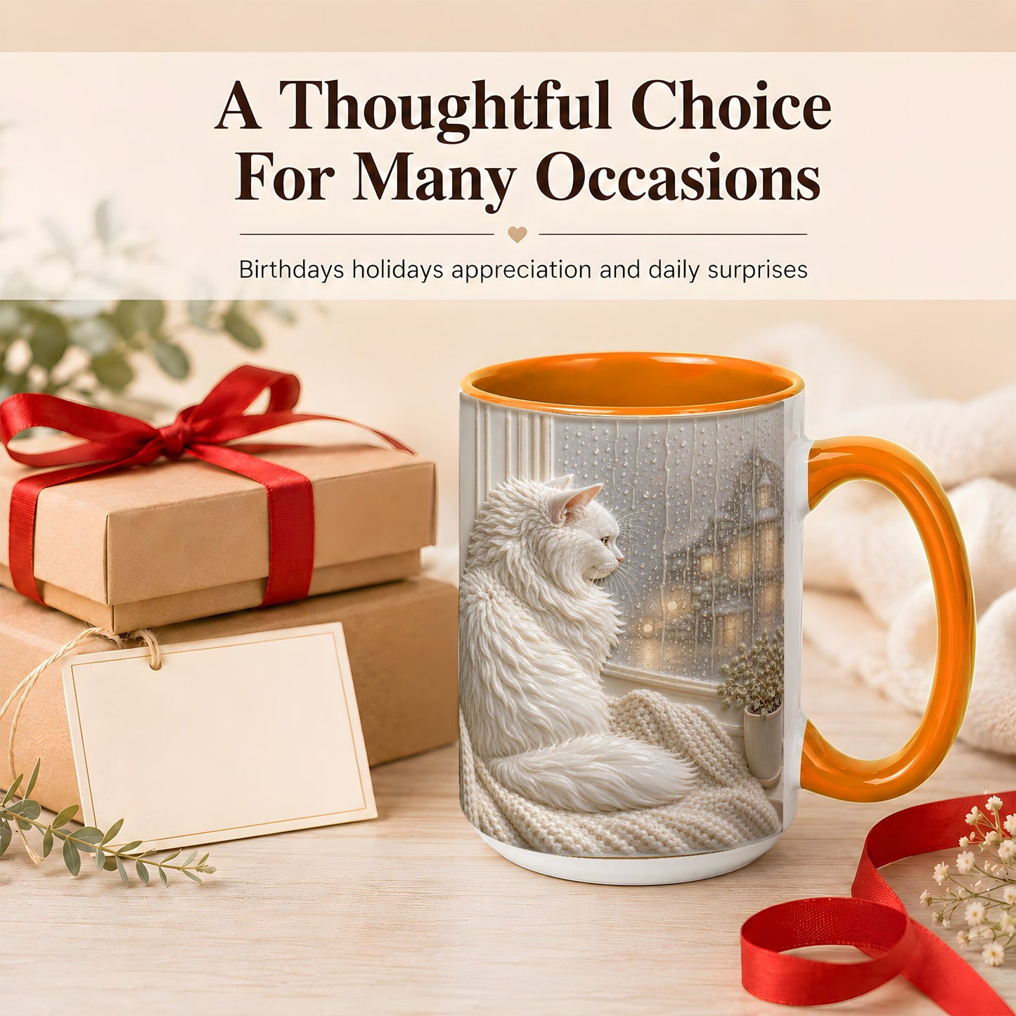 #pl[15oz|Orange] White Cat Rainy Window Coffee Mug, Cozy Cat Mug, Ceramic Cup
