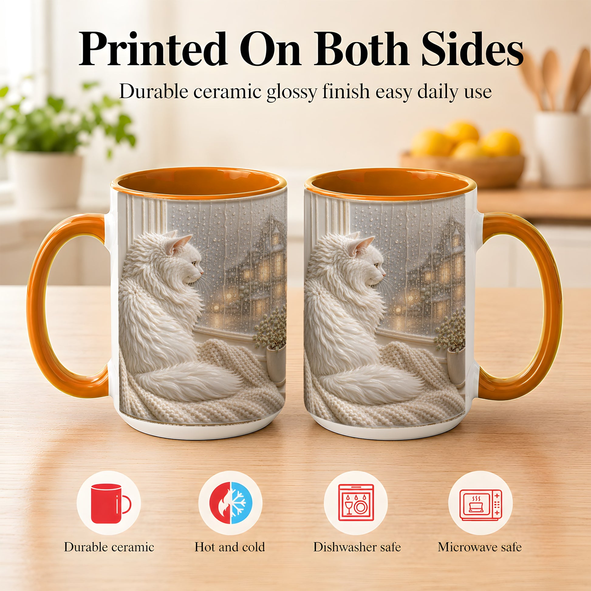 #pl[15oz|Orange] White Cat Rainy Window Coffee Mug, Cozy Cat Mug, Ceramic Cup