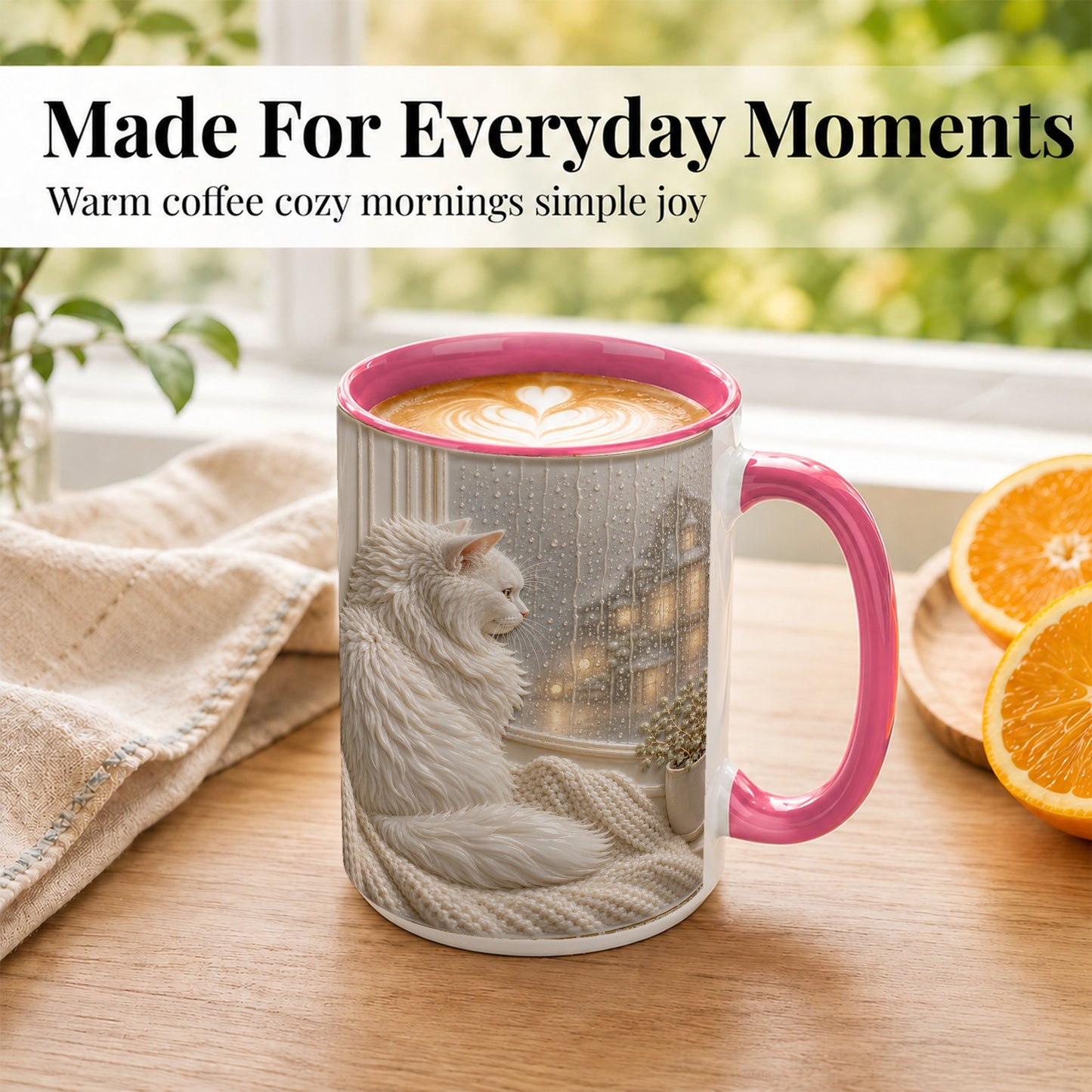 #pl[15oz|Pink] White Cat Rainy Window Coffee Mug, Cozy Cat Mug, Ceramic Cup