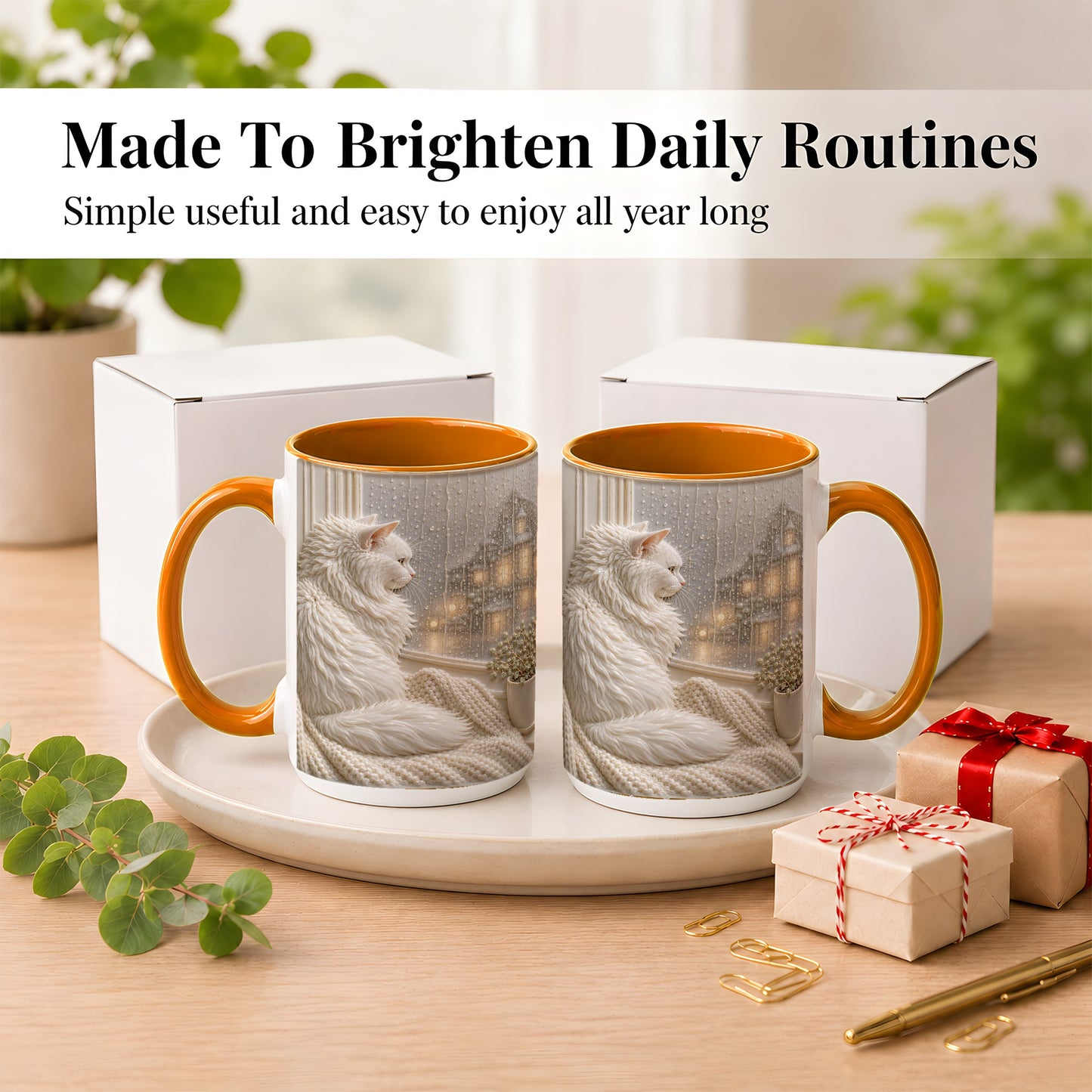 #pl[15oz|Orange] White Cat Rainy Window Coffee Mug, Cozy Cat Mug, Ceramic Cup