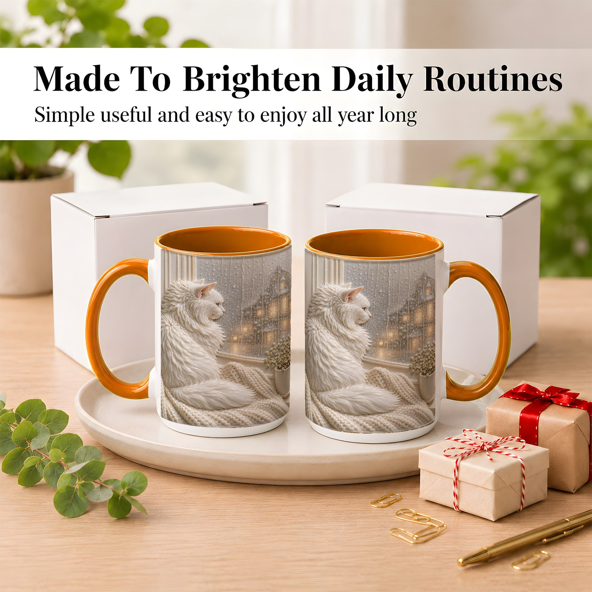 #pl[15oz|Orange] White Cat Rainy Window Coffee Mug, Cozy Cat Mug, Ceramic Cup