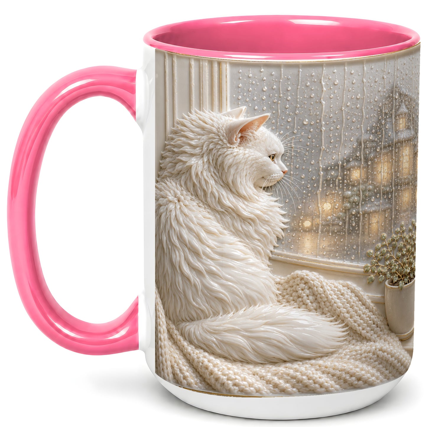 #pl[15oz|Pink] White Cat Rainy Window Coffee Mug, Cozy Cat Mug, Ceramic Cup