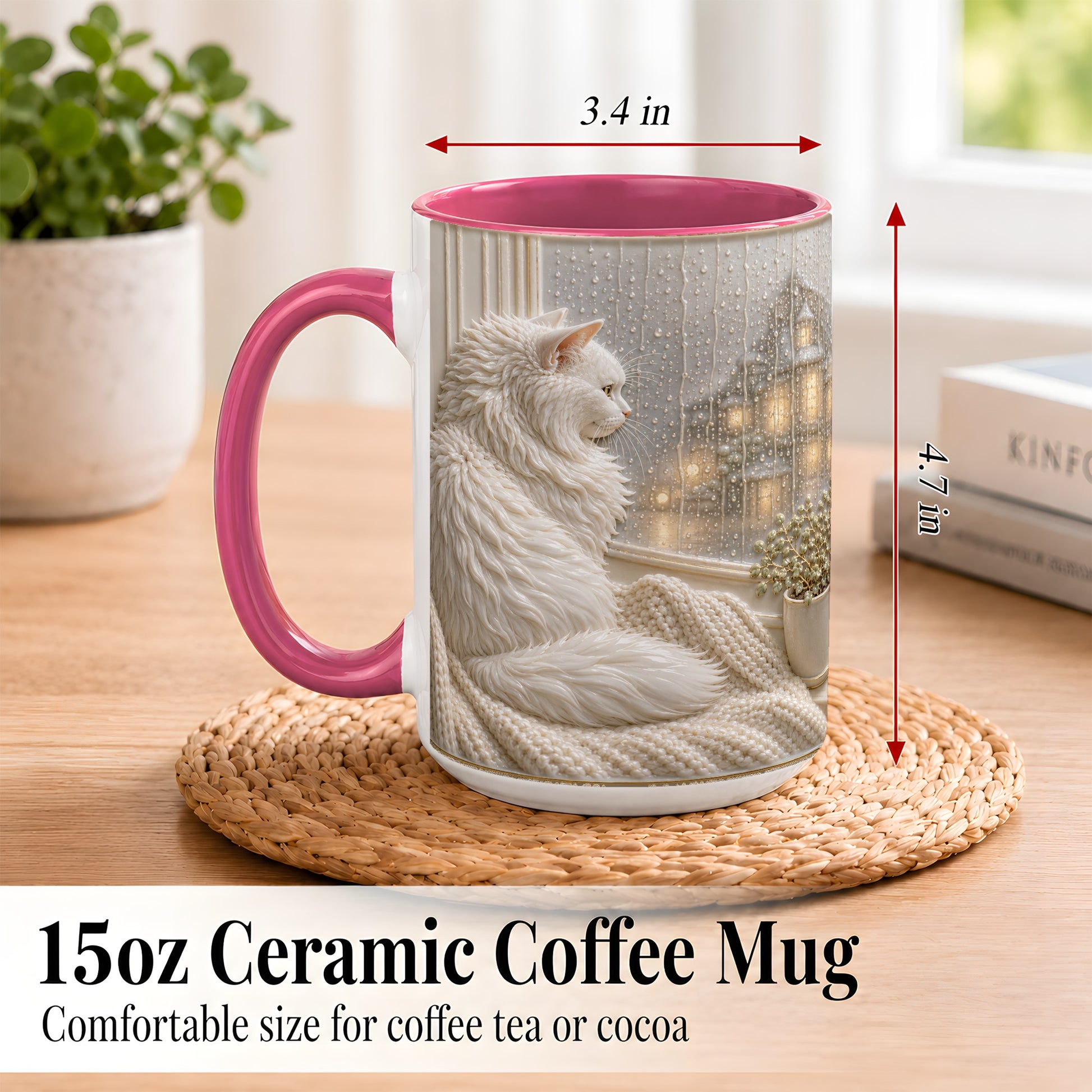 #pl[15oz|Pink] White Cat Rainy Window Coffee Mug, Cozy Cat Mug, Ceramic Cup