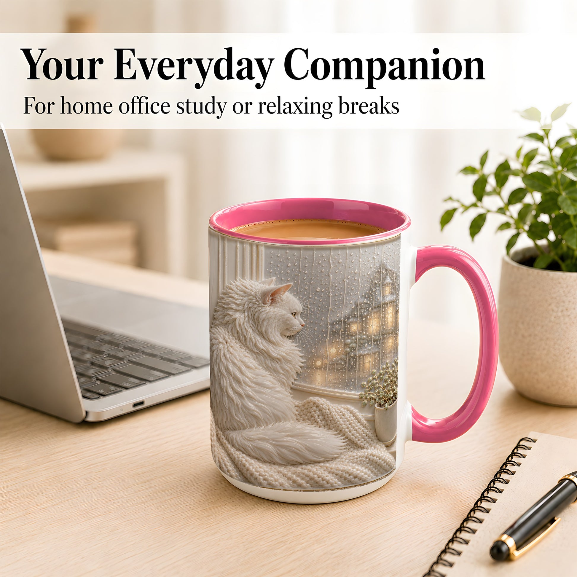 #pl[15oz|Pink] White Cat Rainy Window Coffee Mug, Cozy Cat Mug, Ceramic Cup