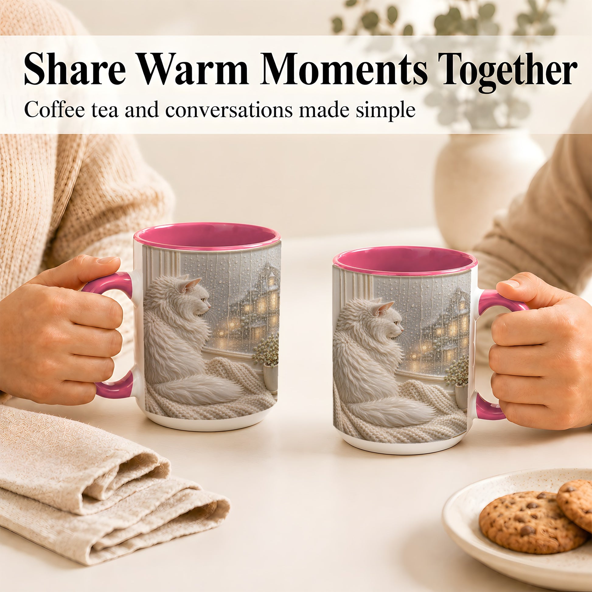 #pl[15oz|Pink] White Cat Rainy Window Coffee Mug, Cozy Cat Mug, Ceramic Cup