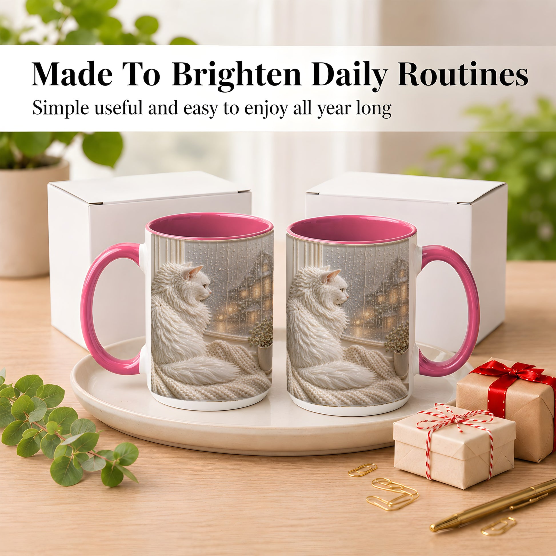 #pl[15oz|Pink] White Cat Rainy Window Coffee Mug, Cozy Cat Mug, Ceramic Cup