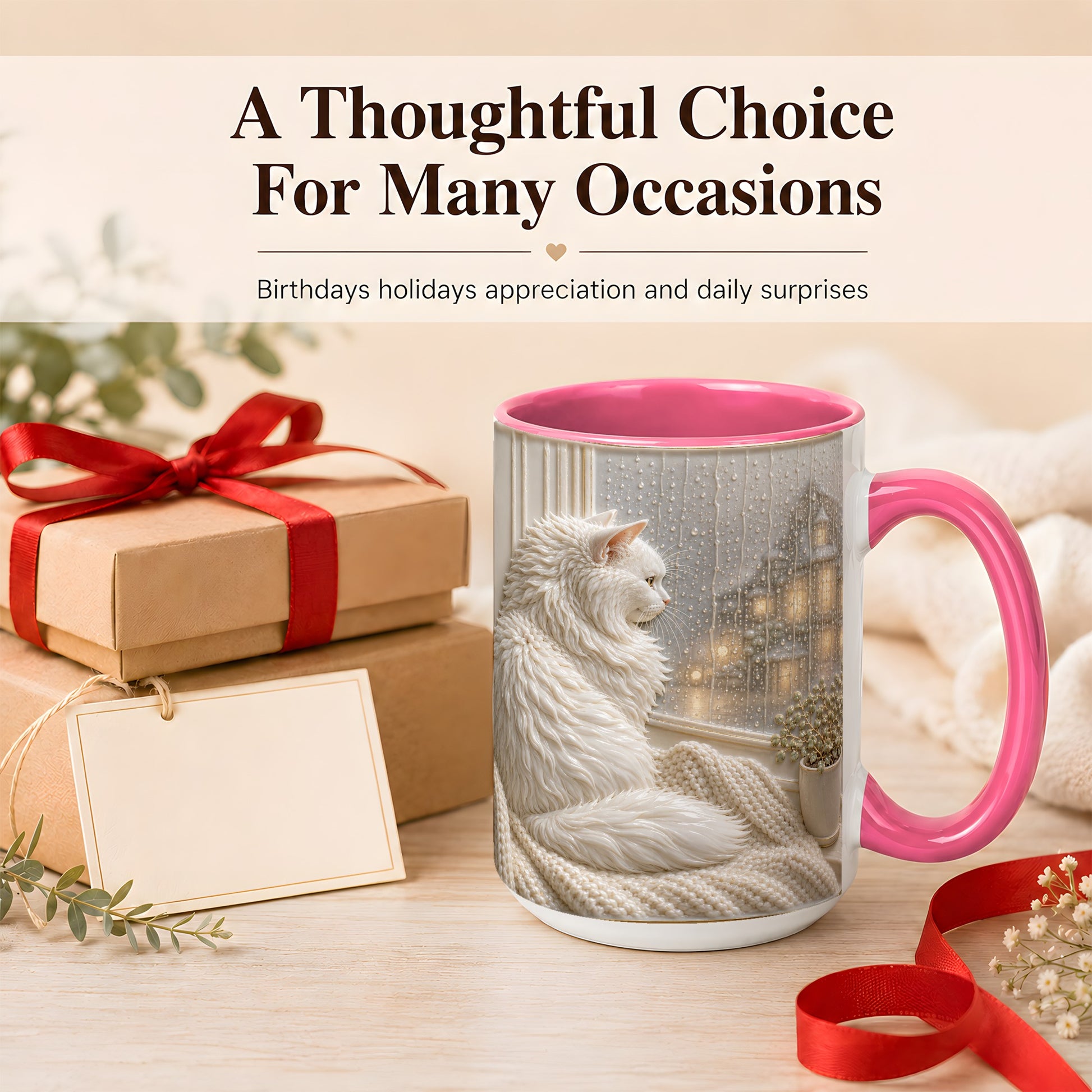 #pl[15oz|Pink] White Cat Rainy Window Coffee Mug, Cozy Cat Mug, Ceramic Cup