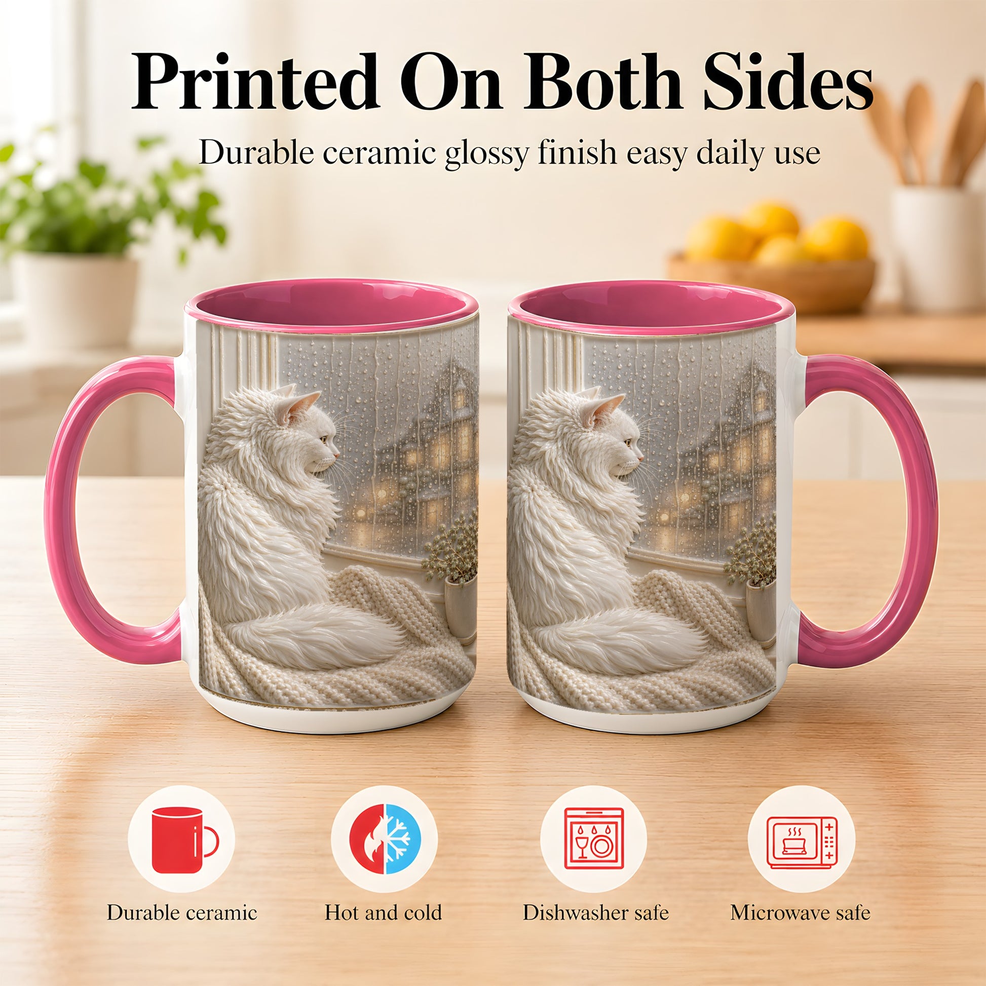 #pl[15oz|Pink] White Cat Rainy Window Coffee Mug, Cozy Cat Mug, Ceramic Cup