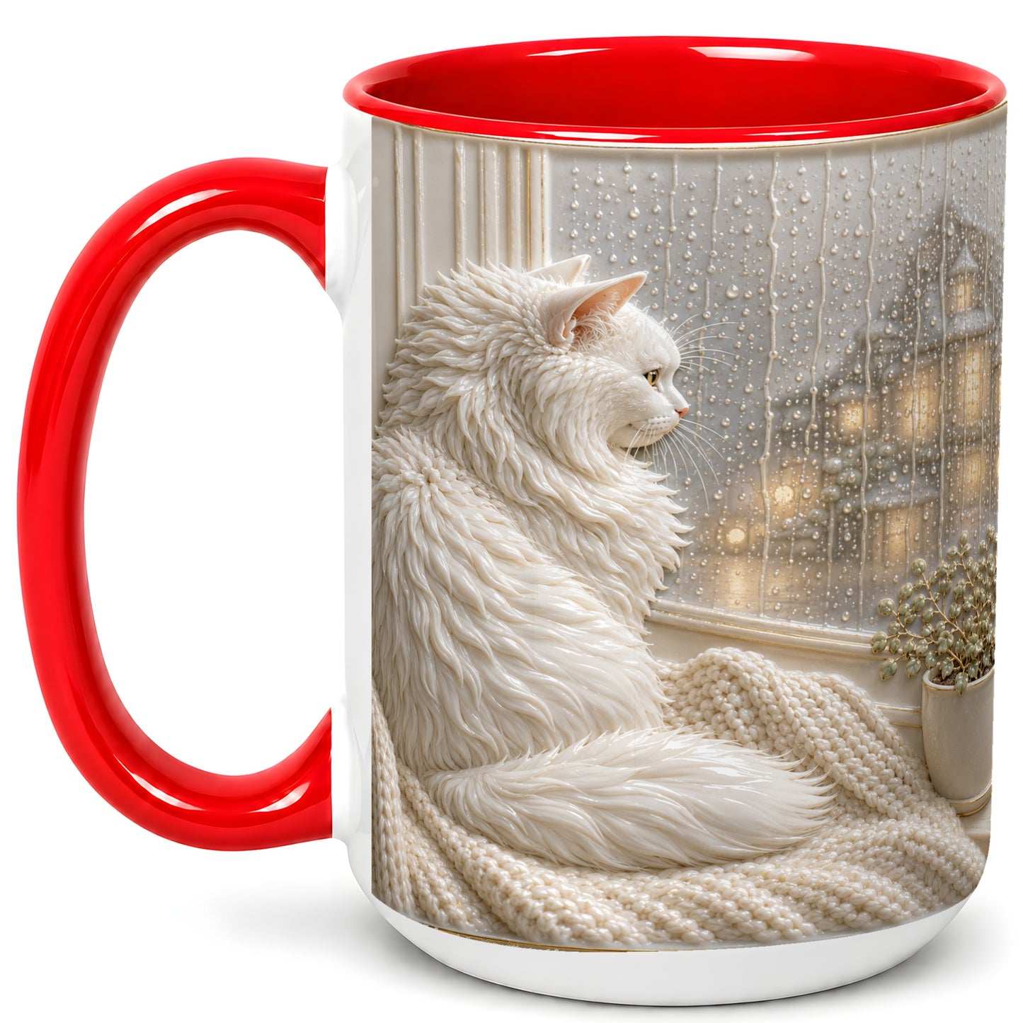 #pl[15oz|Red] White Cat Rainy Window Coffee Mug, Cozy Cat Mug, Ceramic Cup