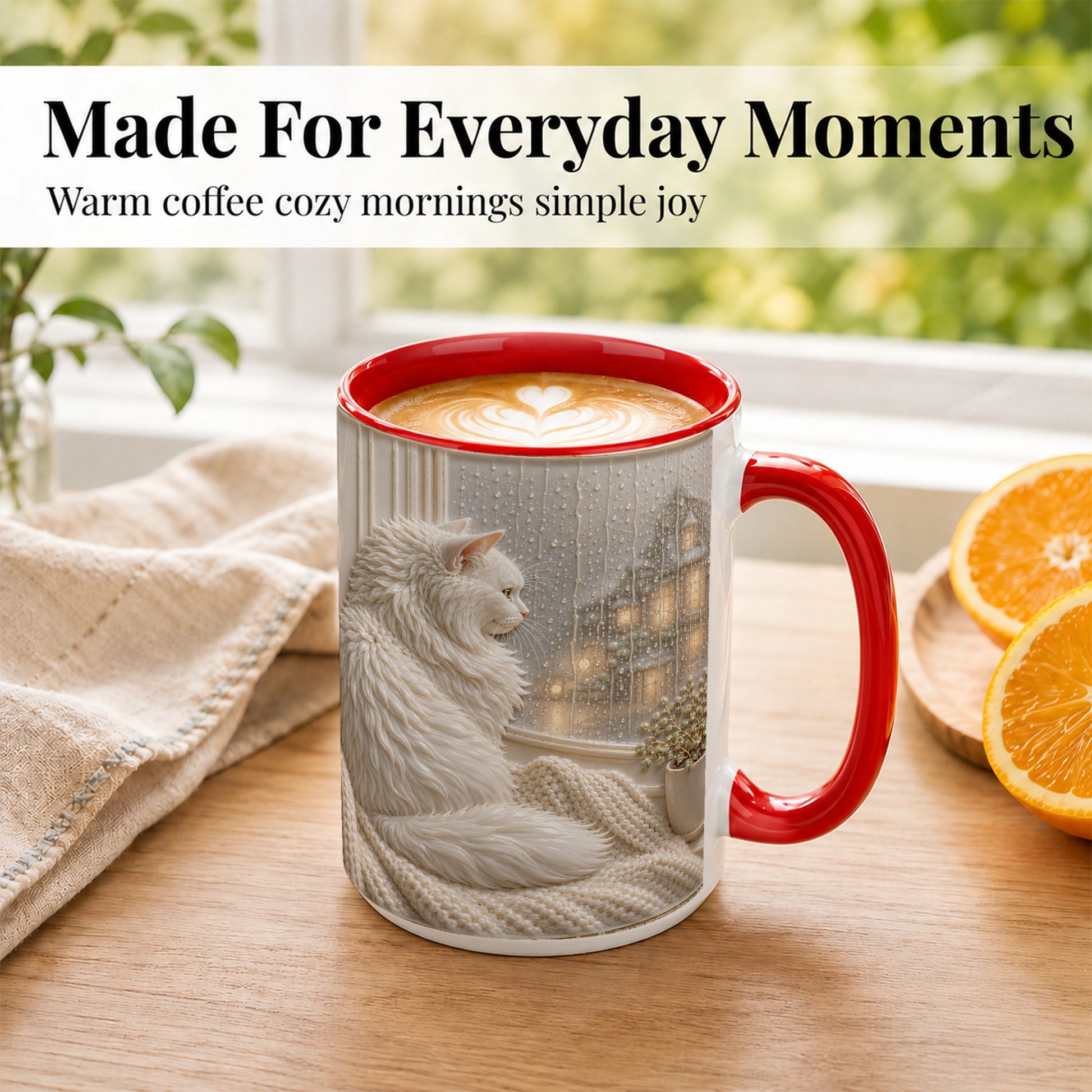 #pl[15oz|Red] White Cat Rainy Window Coffee Mug, Cozy Cat Mug, Ceramic Cup