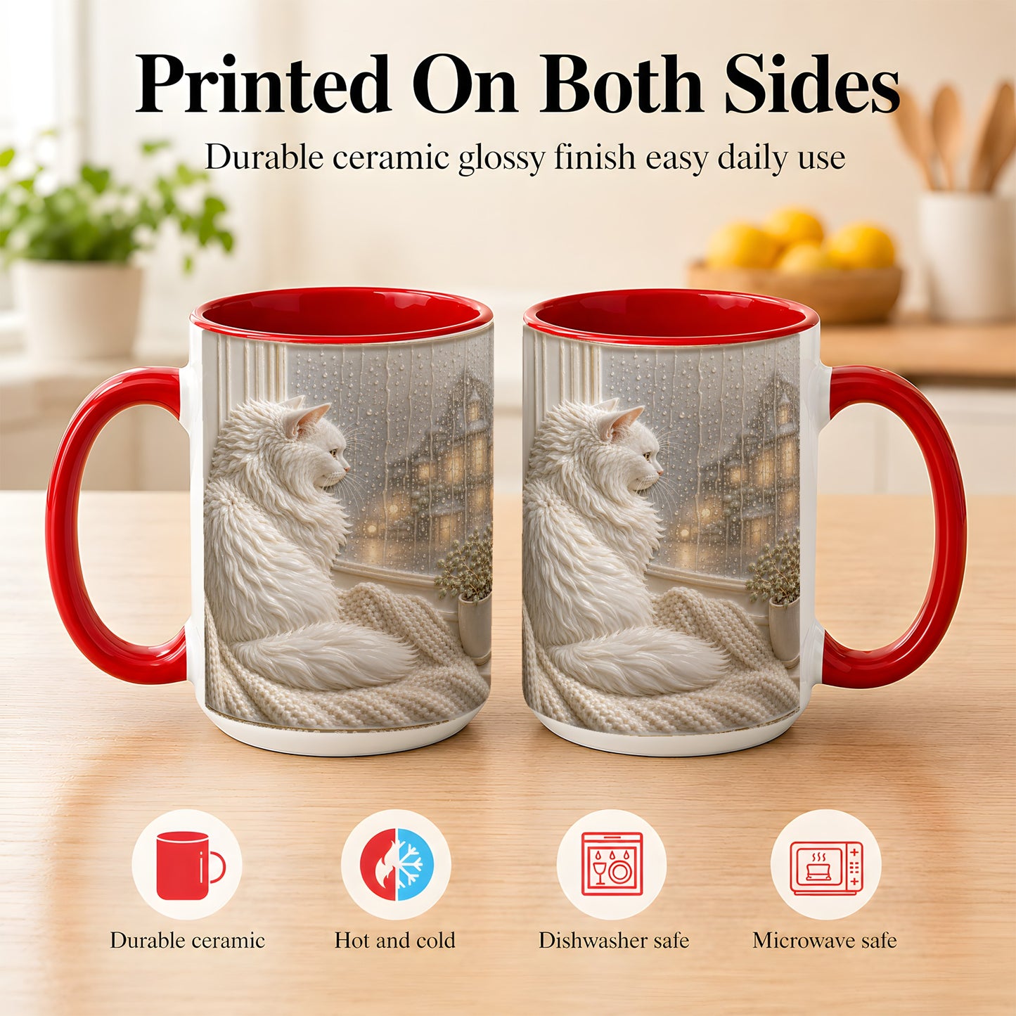 #pl[15oz|Red] White Cat Rainy Window Coffee Mug, Cozy Cat Mug, Ceramic Cup