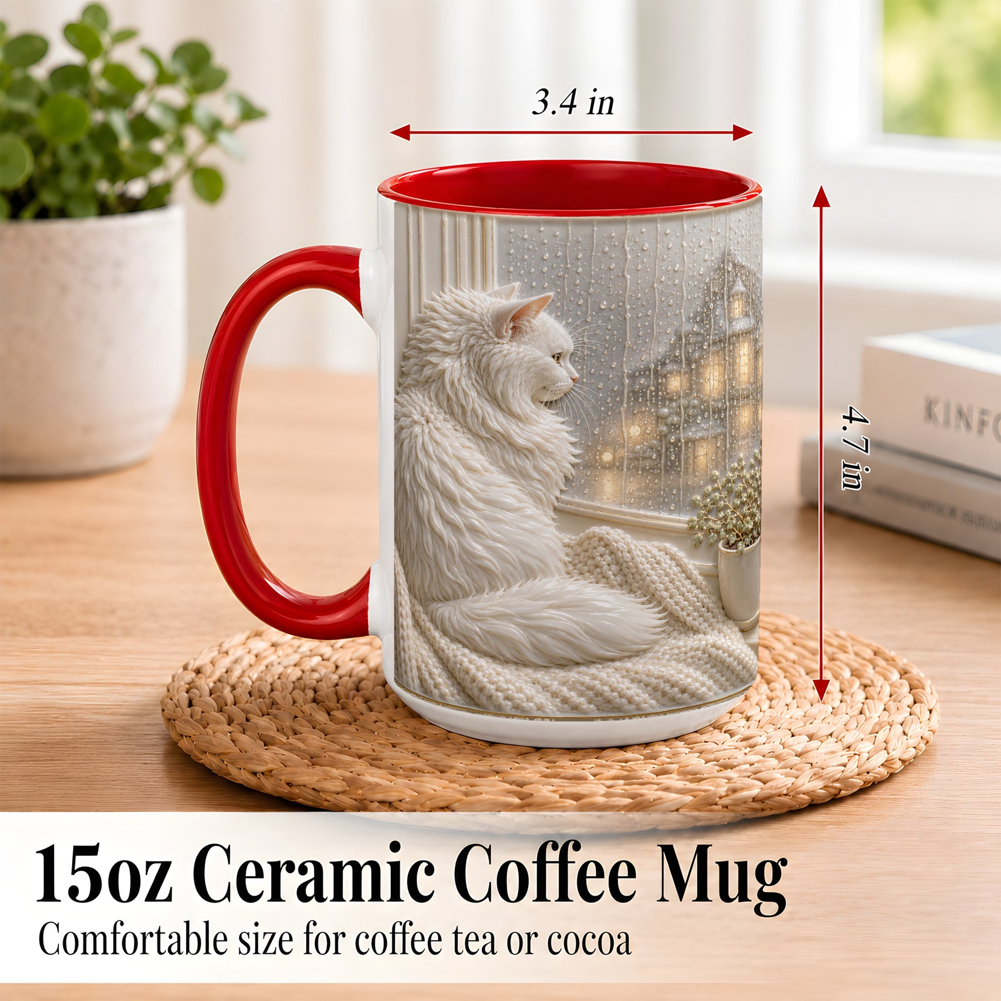 #pl[15oz|Red] White Cat Rainy Window Coffee Mug, Cozy Cat Mug, Ceramic Cup