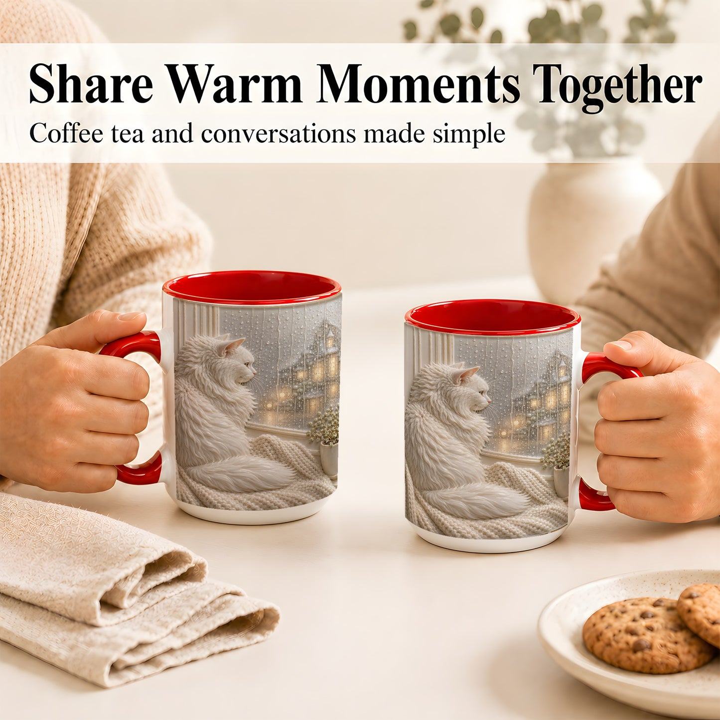 #pl[15oz|Red] White Cat Rainy Window Coffee Mug, Cozy Cat Mug, Ceramic Cup