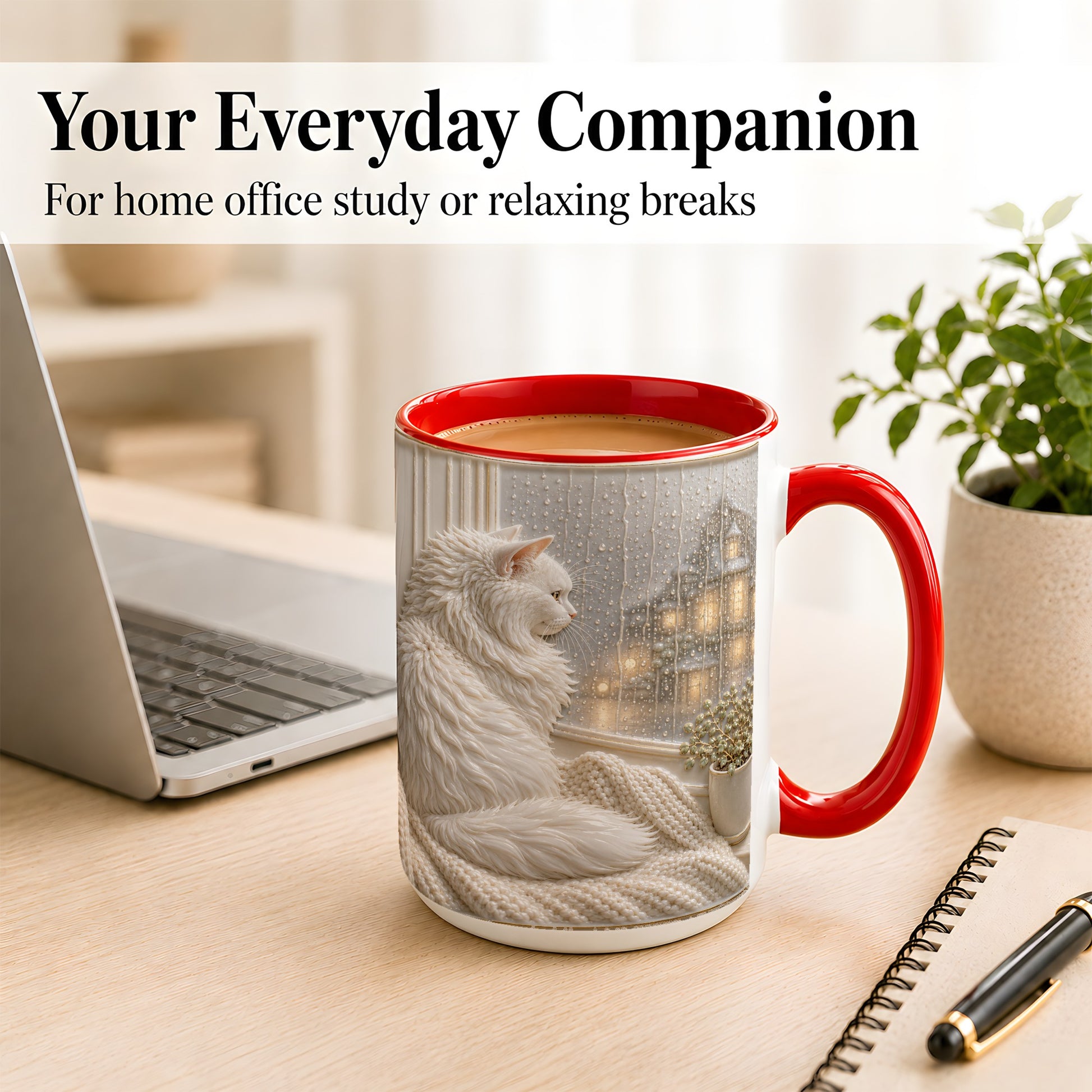 #pl[15oz|Red] White Cat Rainy Window Coffee Mug, Cozy Cat Mug, Ceramic Cup