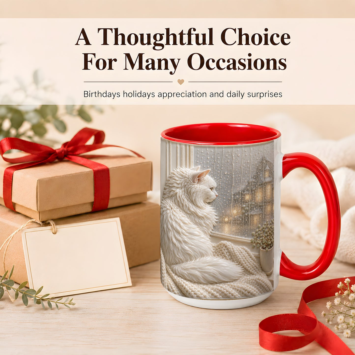 #pl[15oz|Red] White Cat Rainy Window Coffee Mug, Cozy Cat Mug, Ceramic Cup