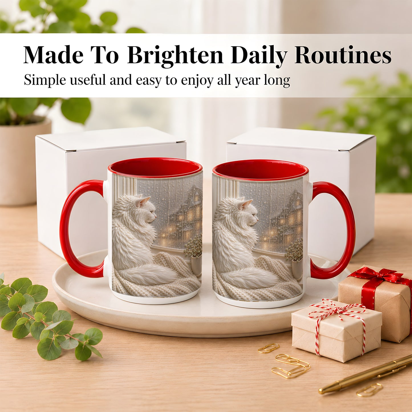 #pl[15oz|Red] White Cat Rainy Window Coffee Mug, Cozy Cat Mug, Ceramic Cup