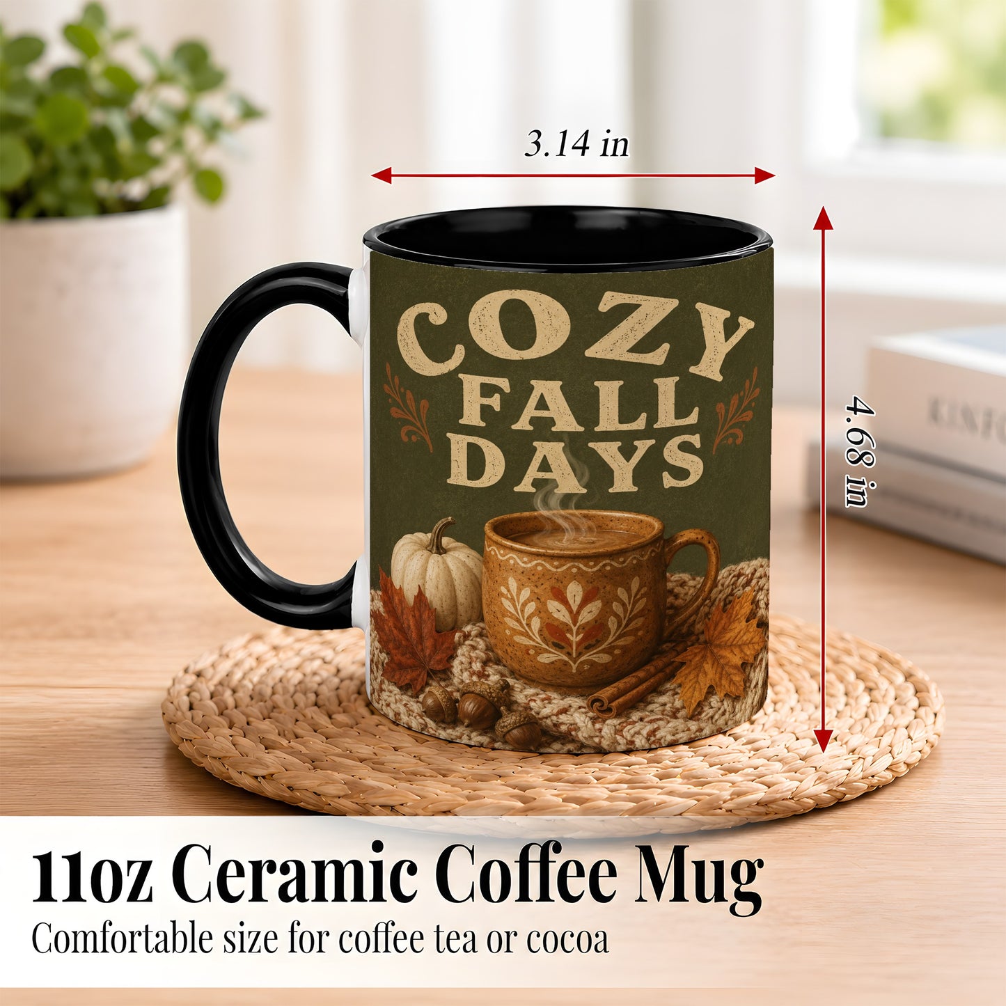 #pl[11oz|Black] Cozy Autumn Coffee Mug, Pumpkin Leaves Mug, Ceramic Cup