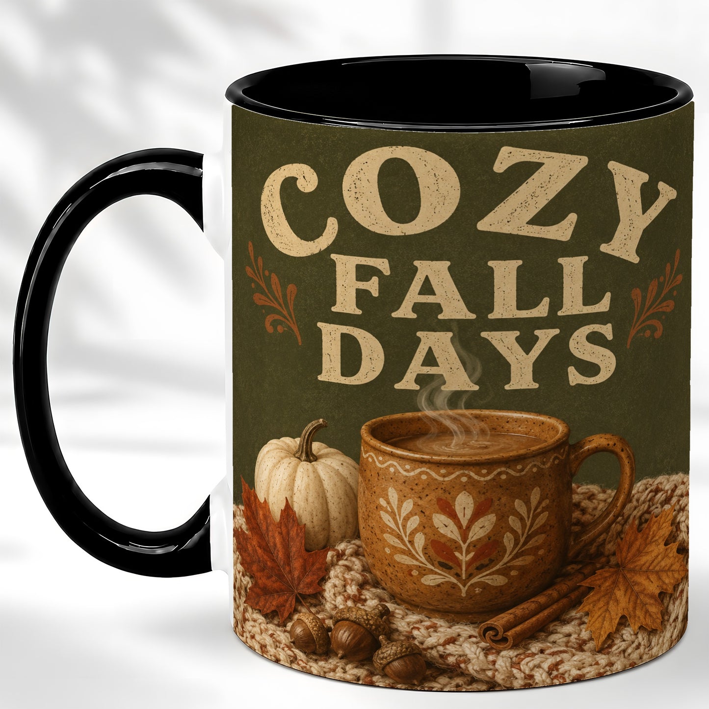 #pl[11oz|Black] Cozy Autumn Coffee Mug, Pumpkin Leaves Mug, Ceramic Cup
