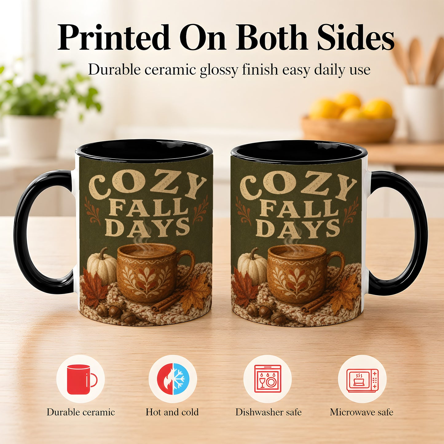 #pl[11oz|Black] Cozy Autumn Coffee Mug, Pumpkin Leaves Mug, Ceramic Cup