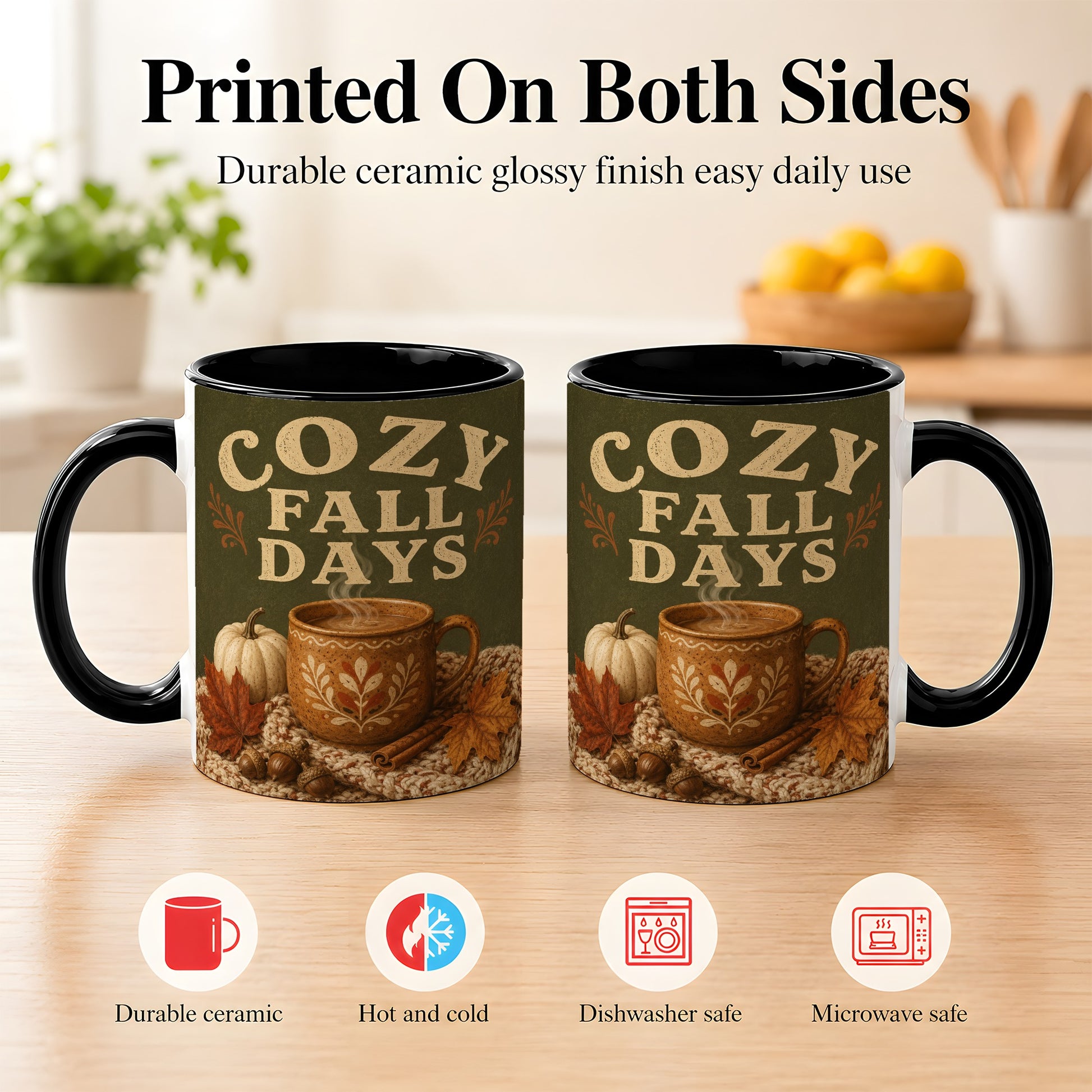 #pl[11oz|Black] Cozy Autumn Coffee Mug, Pumpkin Leaves Mug, Ceramic Cup