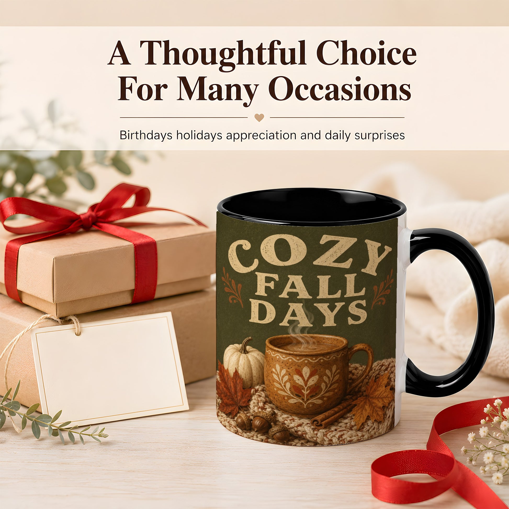 #pl[11oz|Black] Cozy Autumn Coffee Mug, Pumpkin Leaves Mug, Ceramic Cup