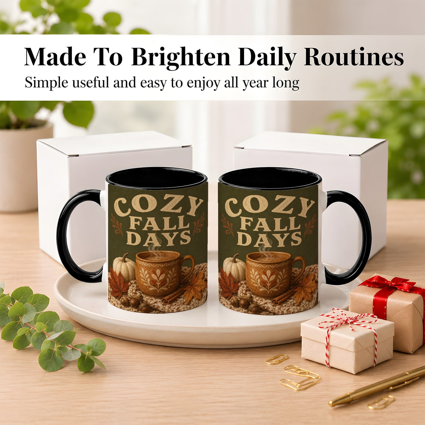 #pl[11oz|Black] Cozy Autumn Coffee Mug, Pumpkin Leaves Mug, Ceramic Cup
