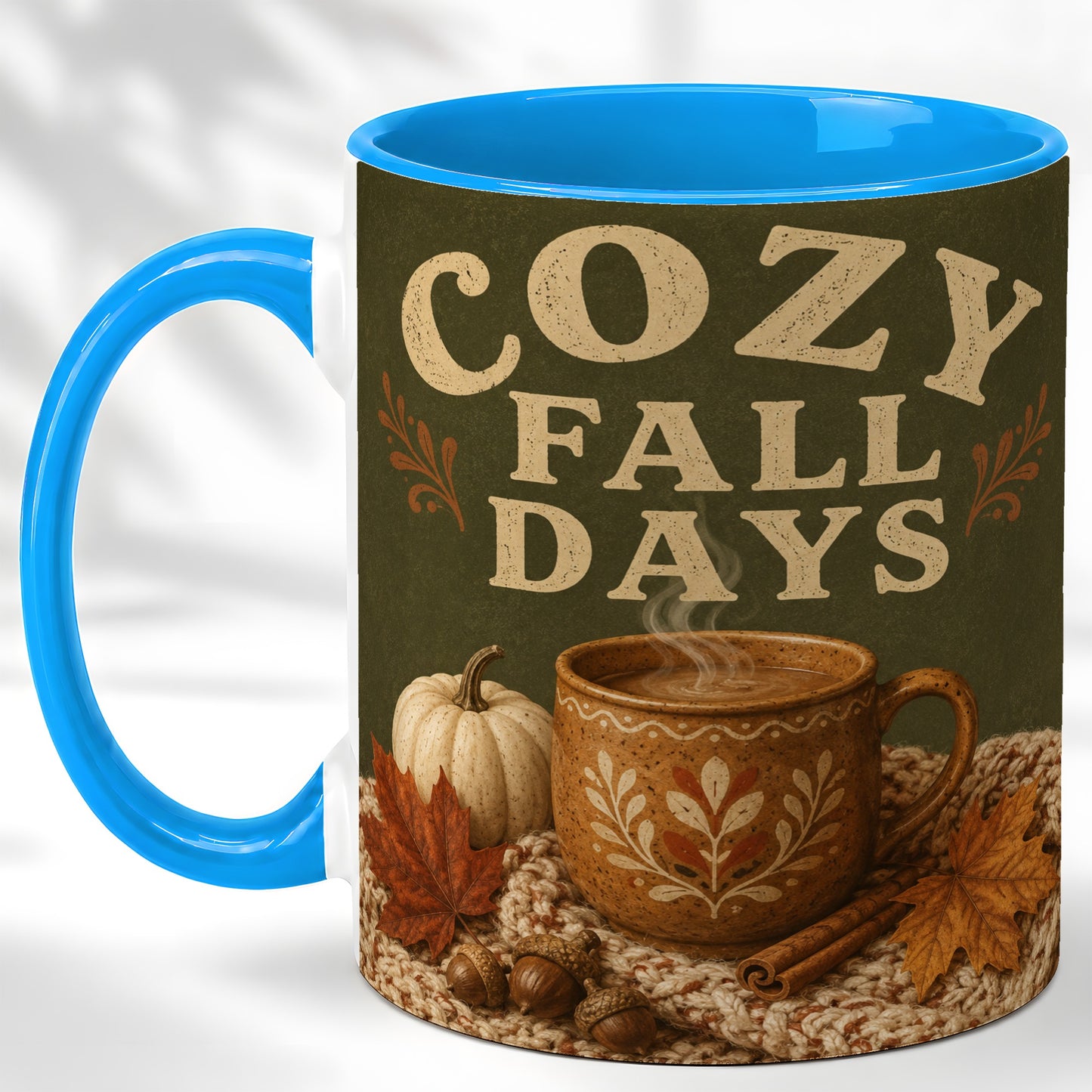 #pl[11oz|Blue] Cozy Autumn Coffee Mug, Pumpkin Leaves Mug, Ceramic Cup