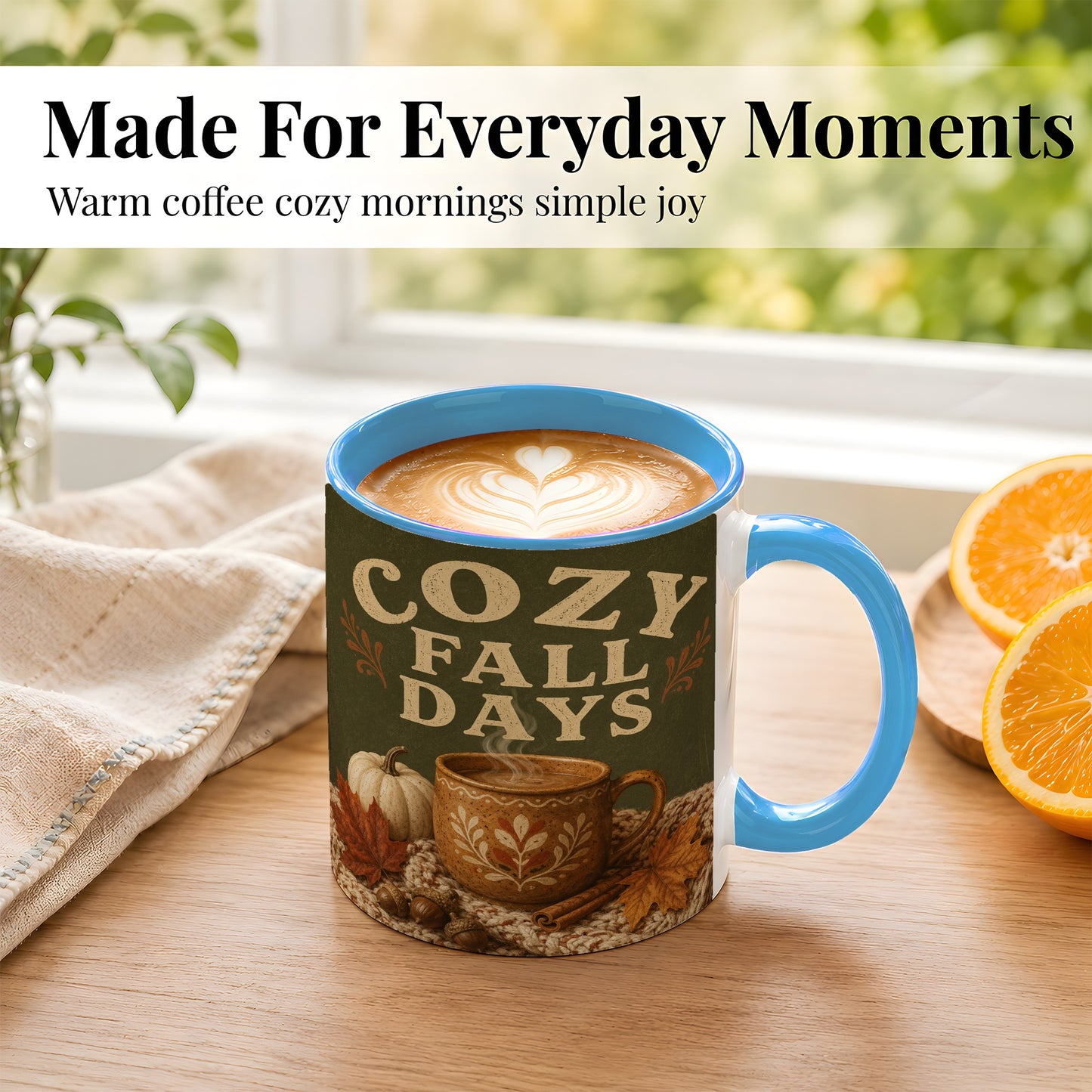 #pl[11oz|Blue] Cozy Autumn Coffee Mug, Pumpkin Leaves Mug, Ceramic Cup