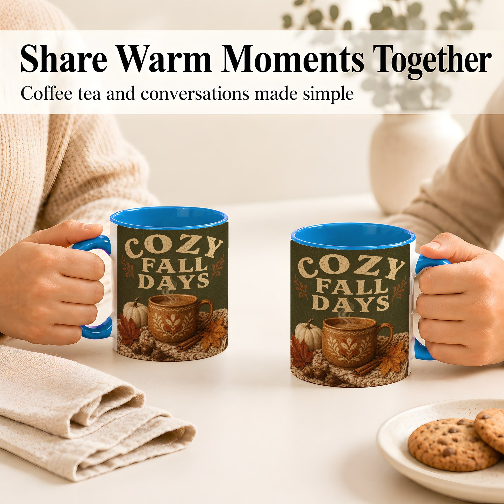 #pl[11oz|Blue] Cozy Autumn Coffee Mug, Pumpkin Leaves Mug, Ceramic Cup