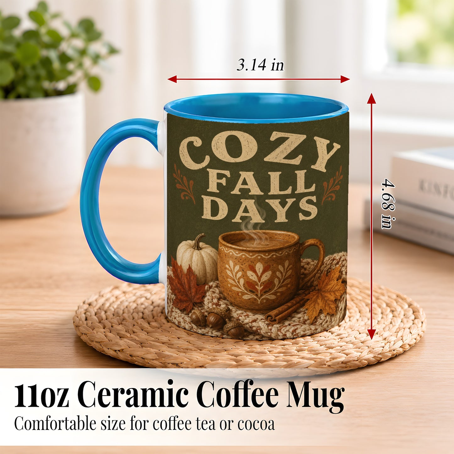 #pl[11oz|Blue] Cozy Autumn Coffee Mug, Pumpkin Leaves Mug, Ceramic Cup