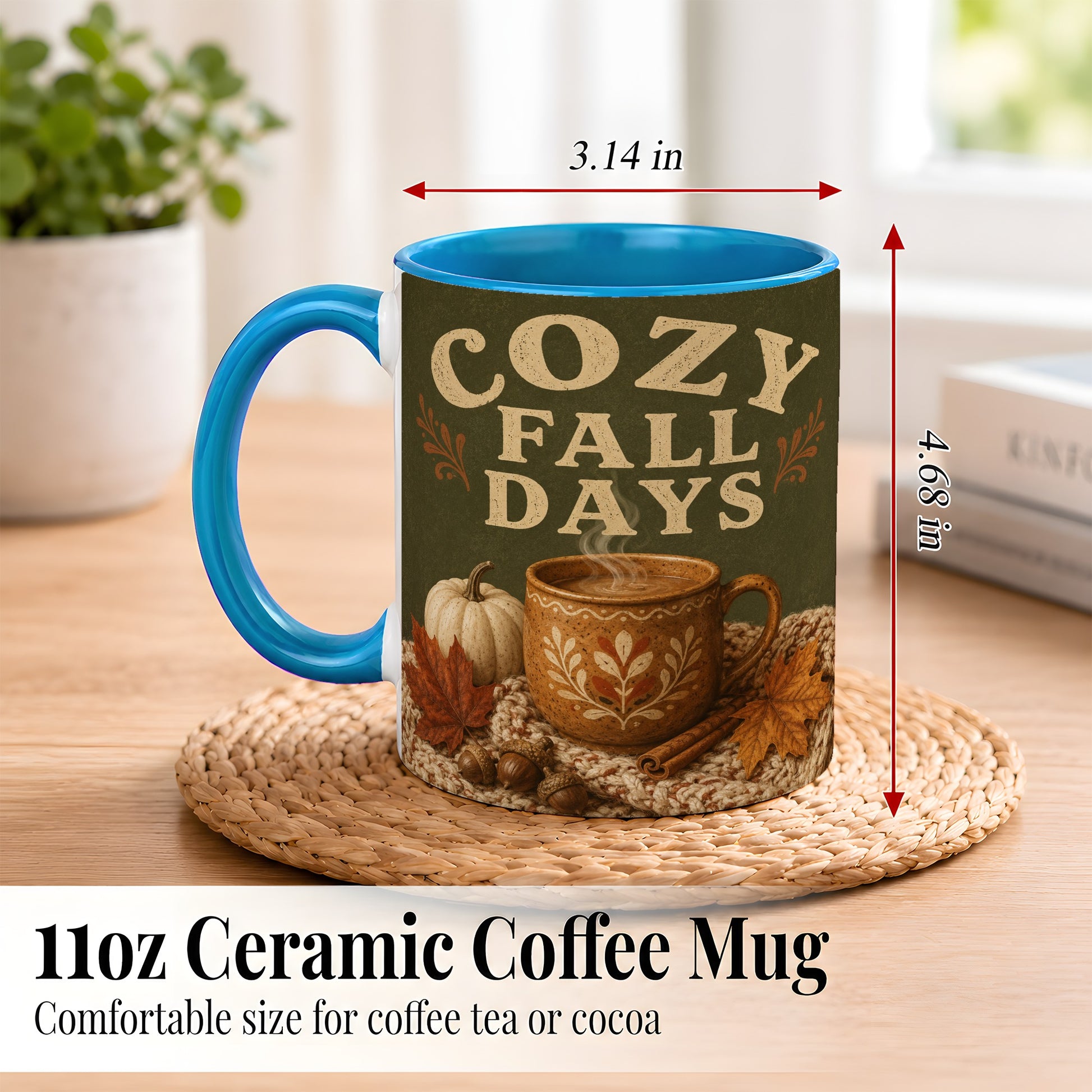#pl[11oz|Blue] Cozy Autumn Coffee Mug, Pumpkin Leaves Mug, Ceramic Cup
