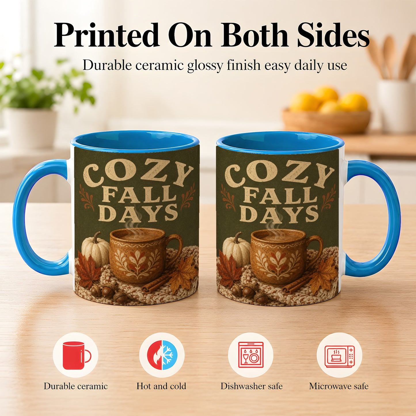 #pl[11oz|Blue] Cozy Autumn Coffee Mug, Pumpkin Leaves Mug, Ceramic Cup