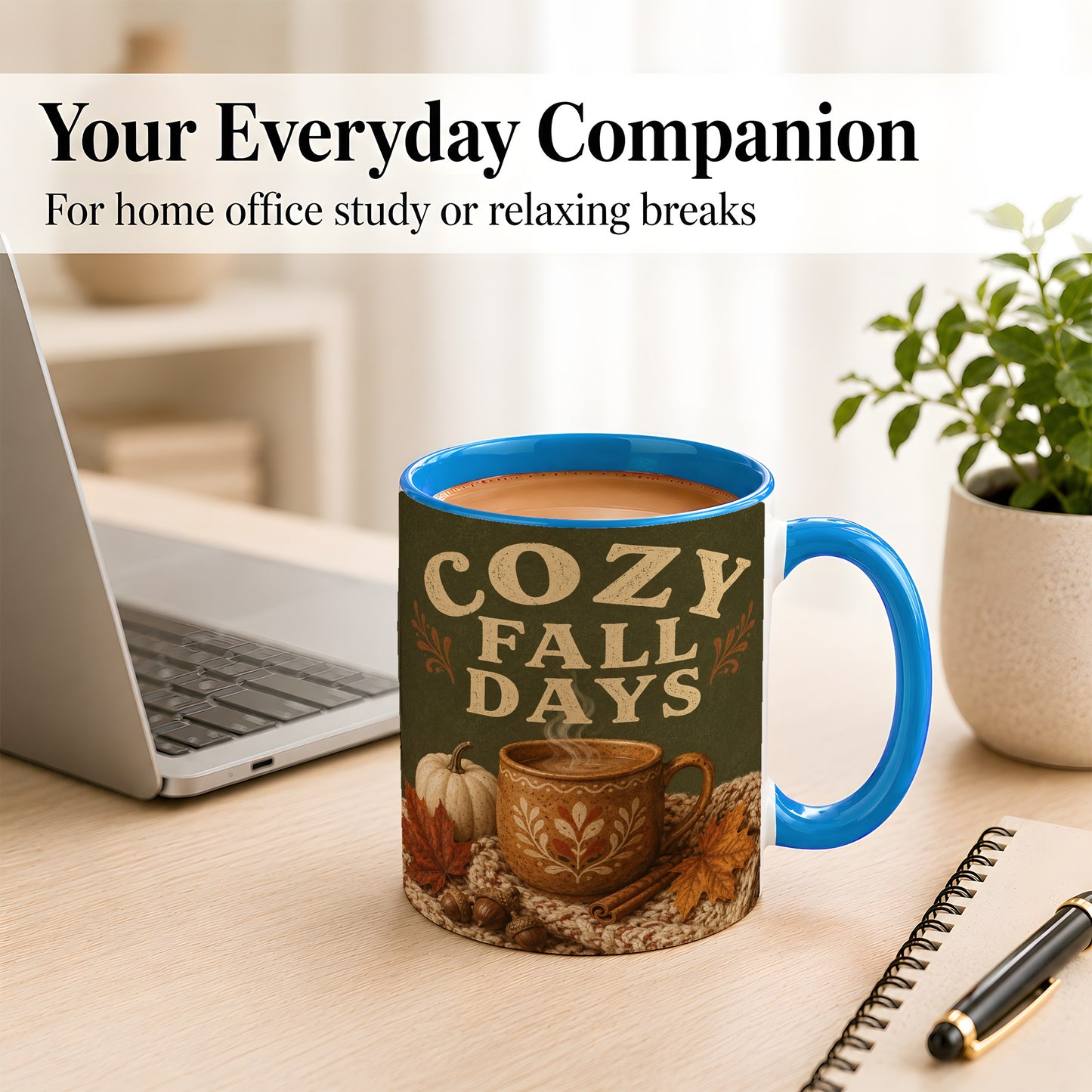 #pl[11oz|Blue] Cozy Autumn Coffee Mug, Pumpkin Leaves Mug, Ceramic Cup